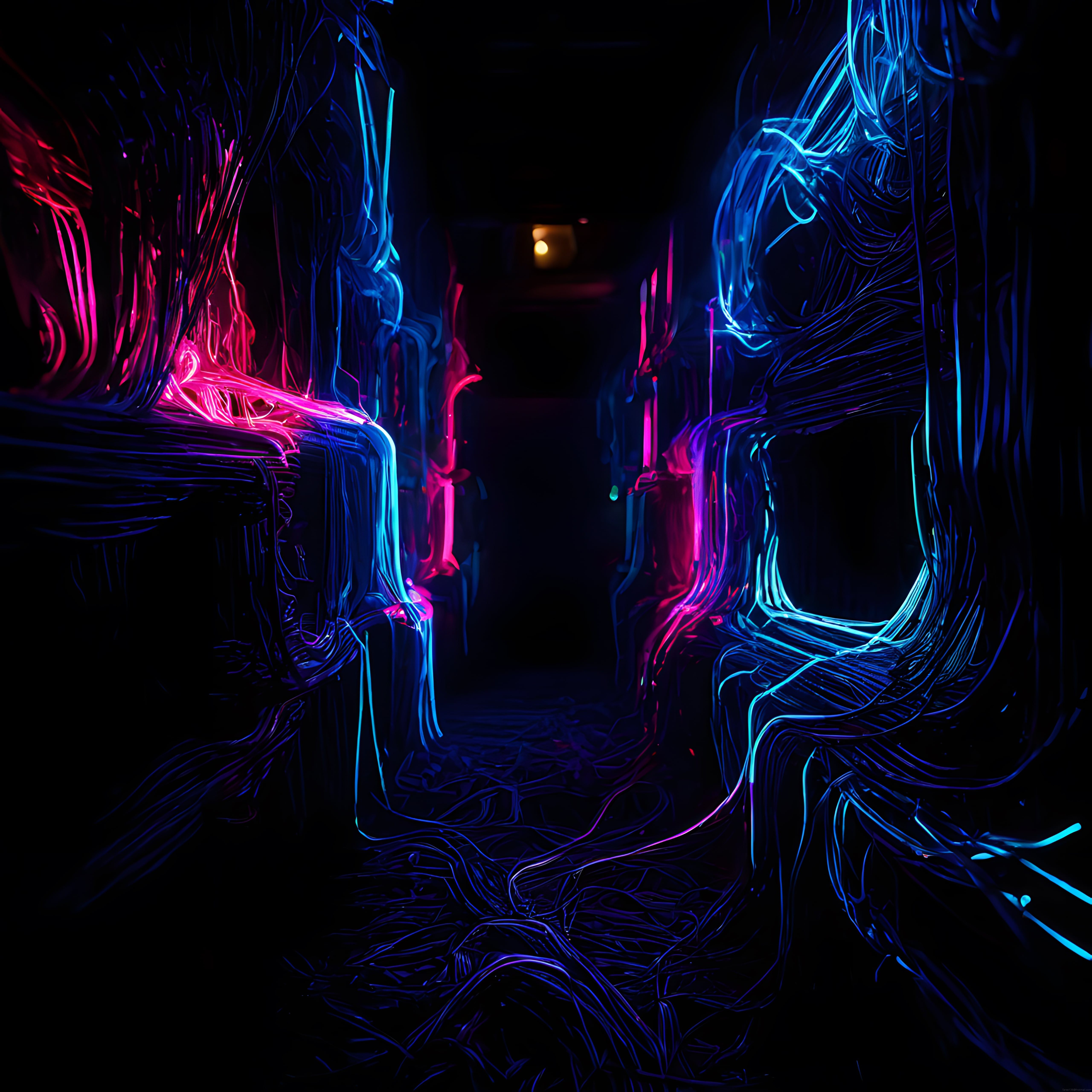 Karanlık Ormanda Parıldayan Neon Ağaçlar: Soyut Dijital Sanat Eseri