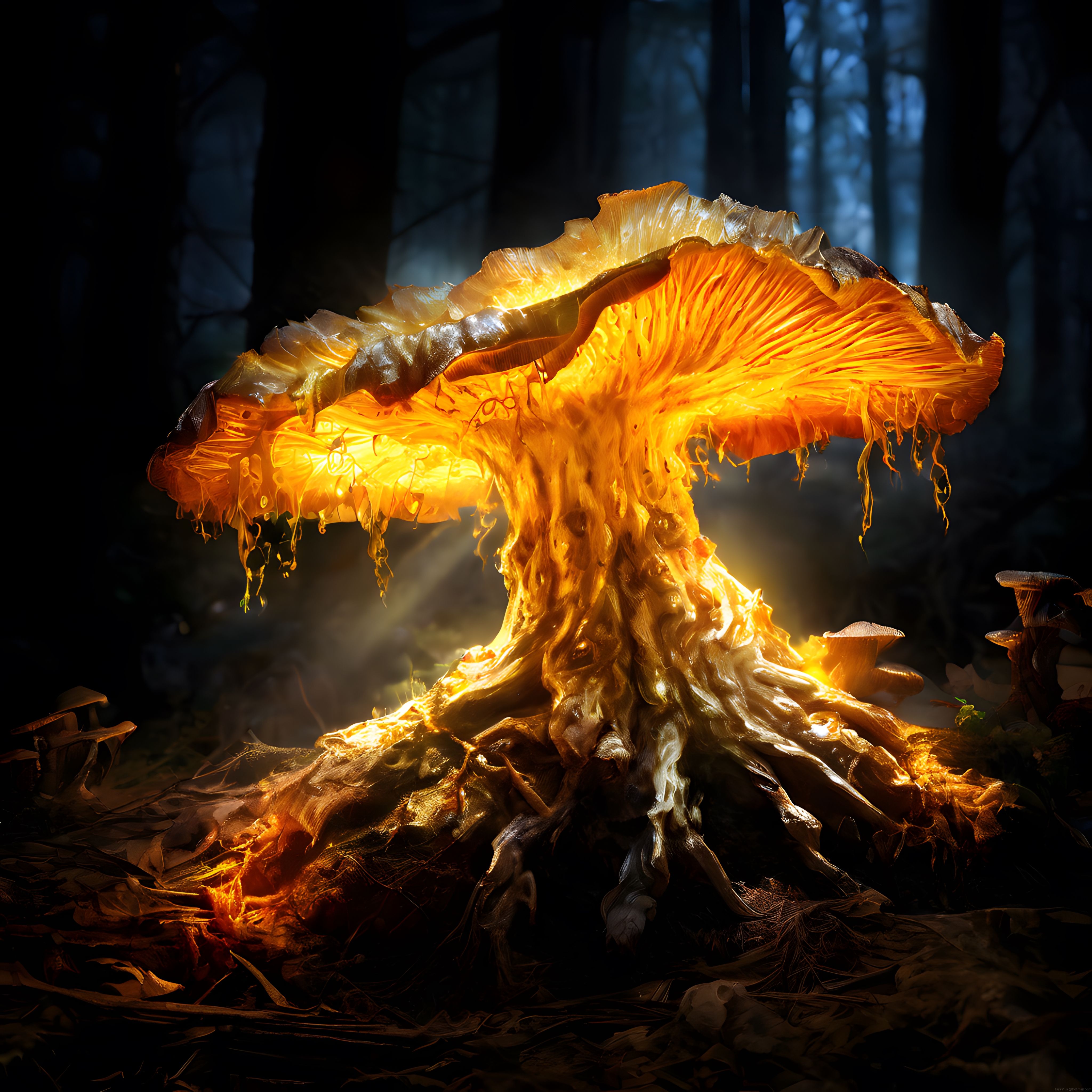Karanlık ormanda parlayan dev mantarın büyülü dijital sanat görseli
