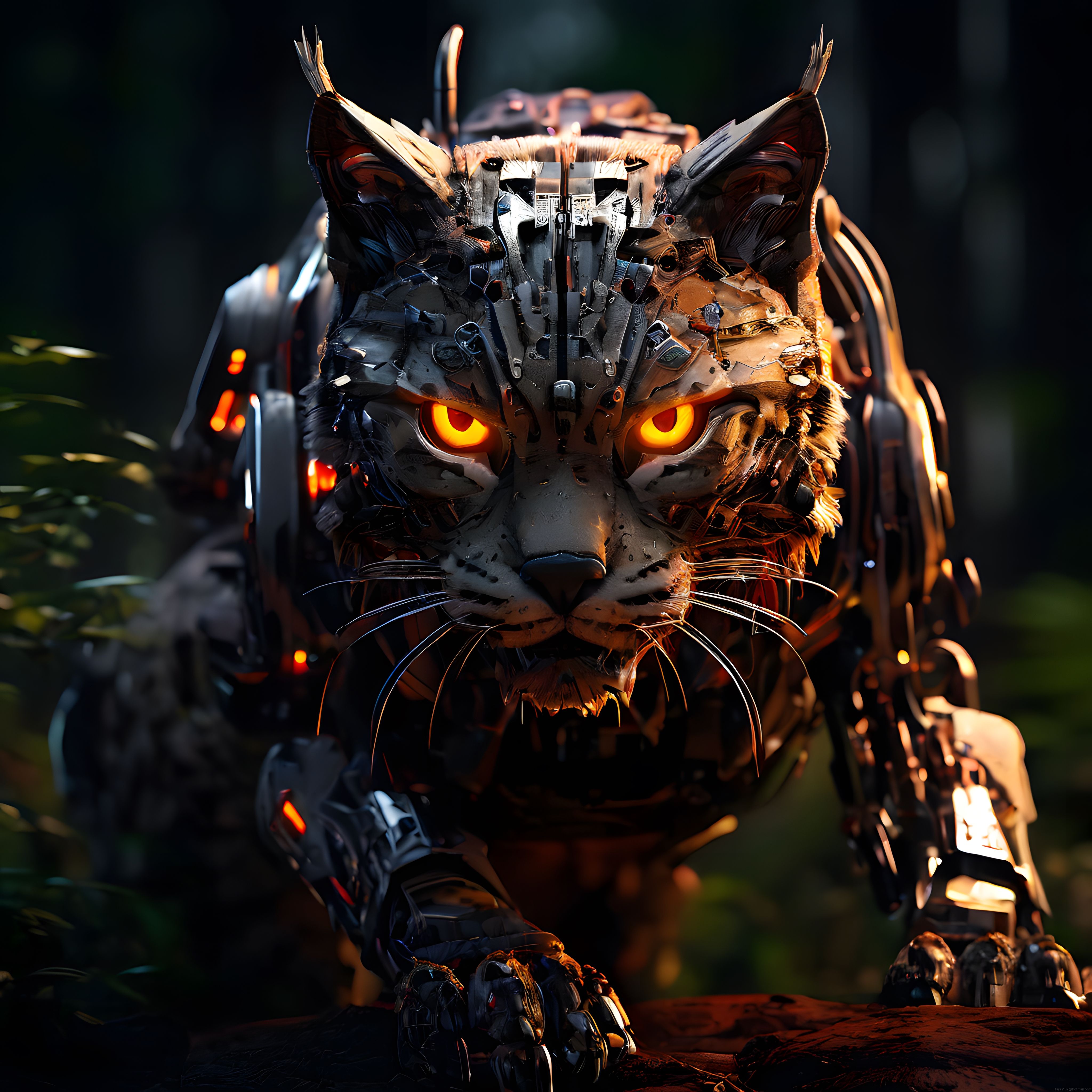 Karanlık Ormanda Parlayan Gözleriyle Mekanik ve Metal Bir Kedi Robotu