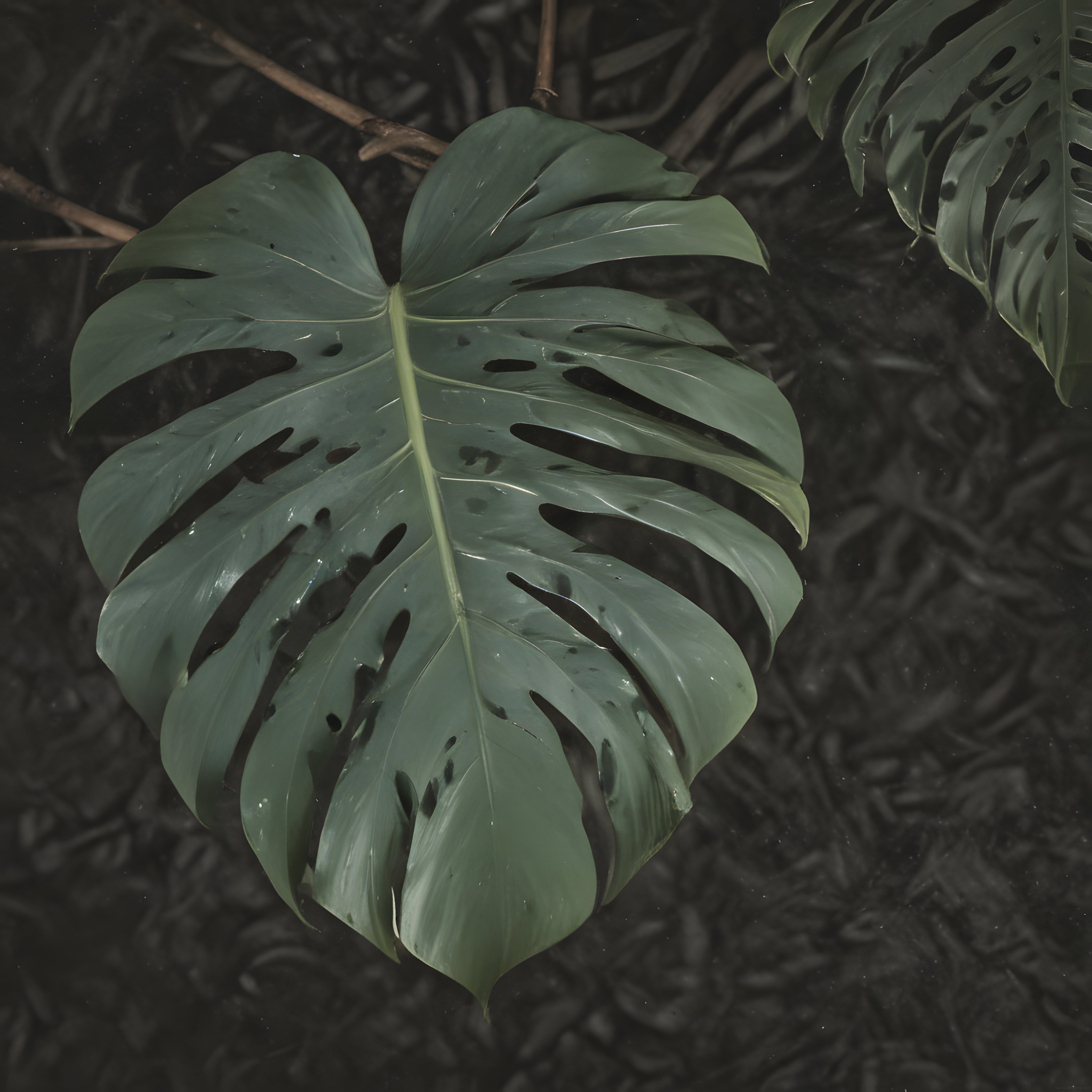 Karanlık ormanda tek bir yağmurlu monstera yaprağının büyüleyici detayı