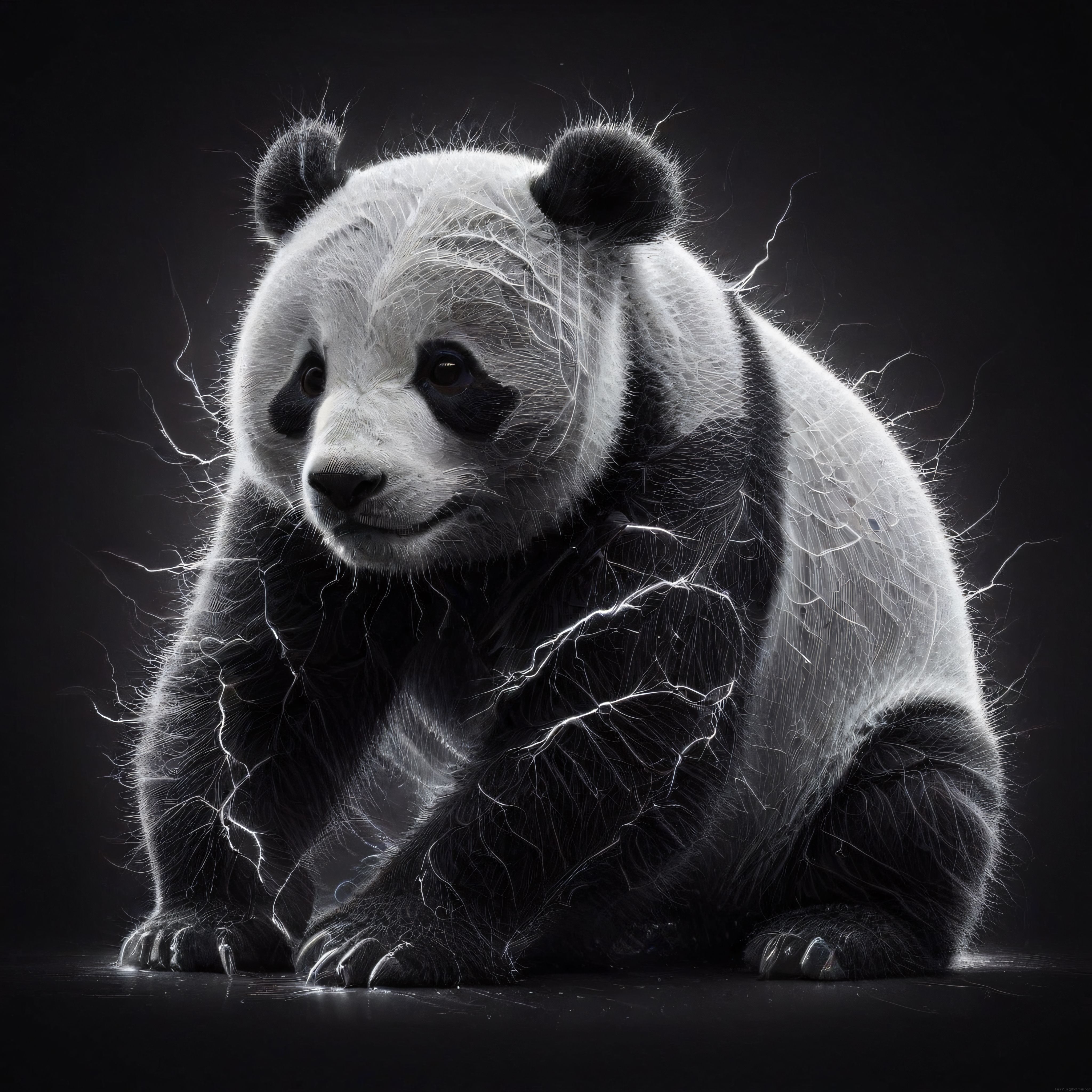 karanlık ortamda ışık parçacıklarıyla çevrili etkileyici panda portresi
