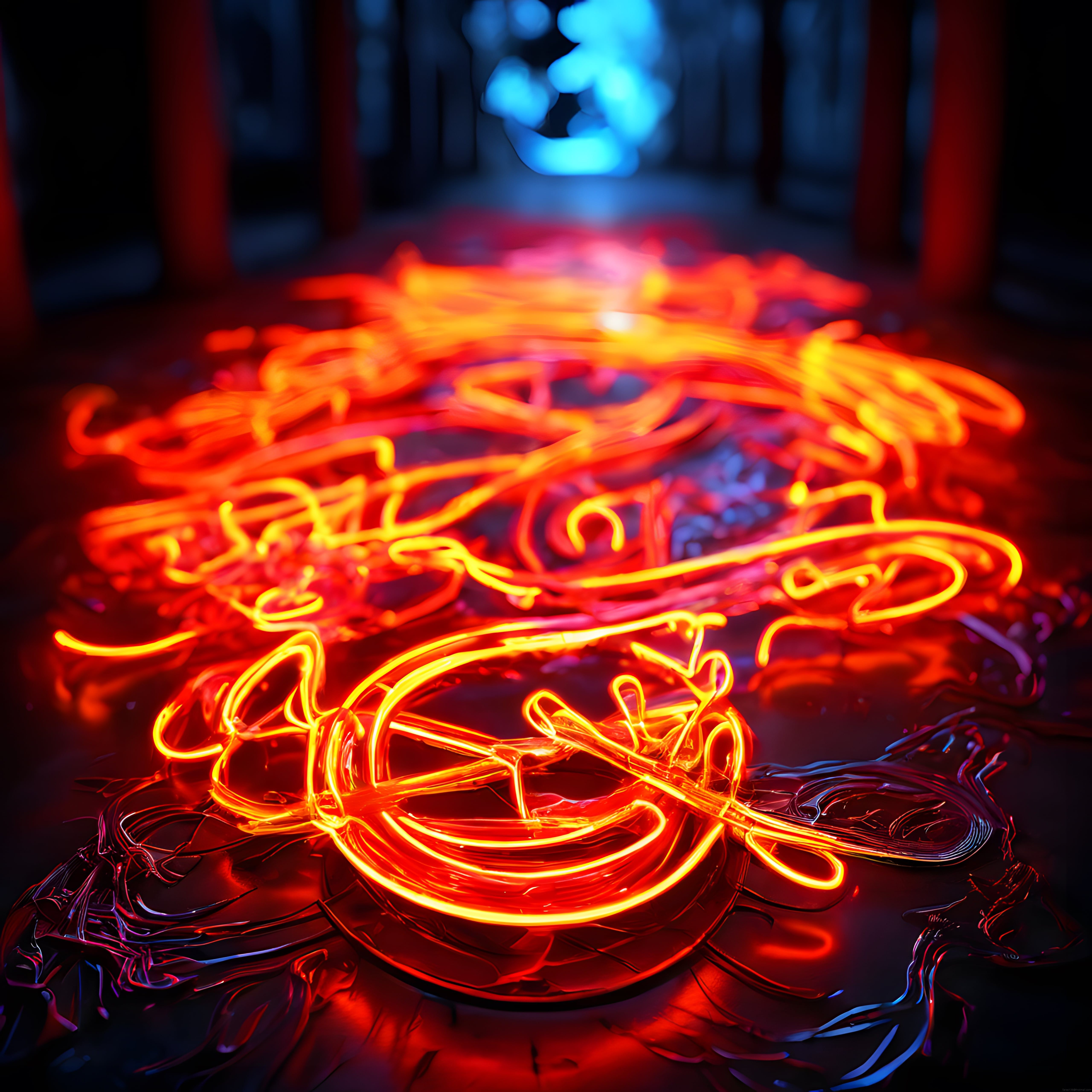 Karanlık ortamda kırmızı neon ışıklarla dans eden figür ve ateş desenleri