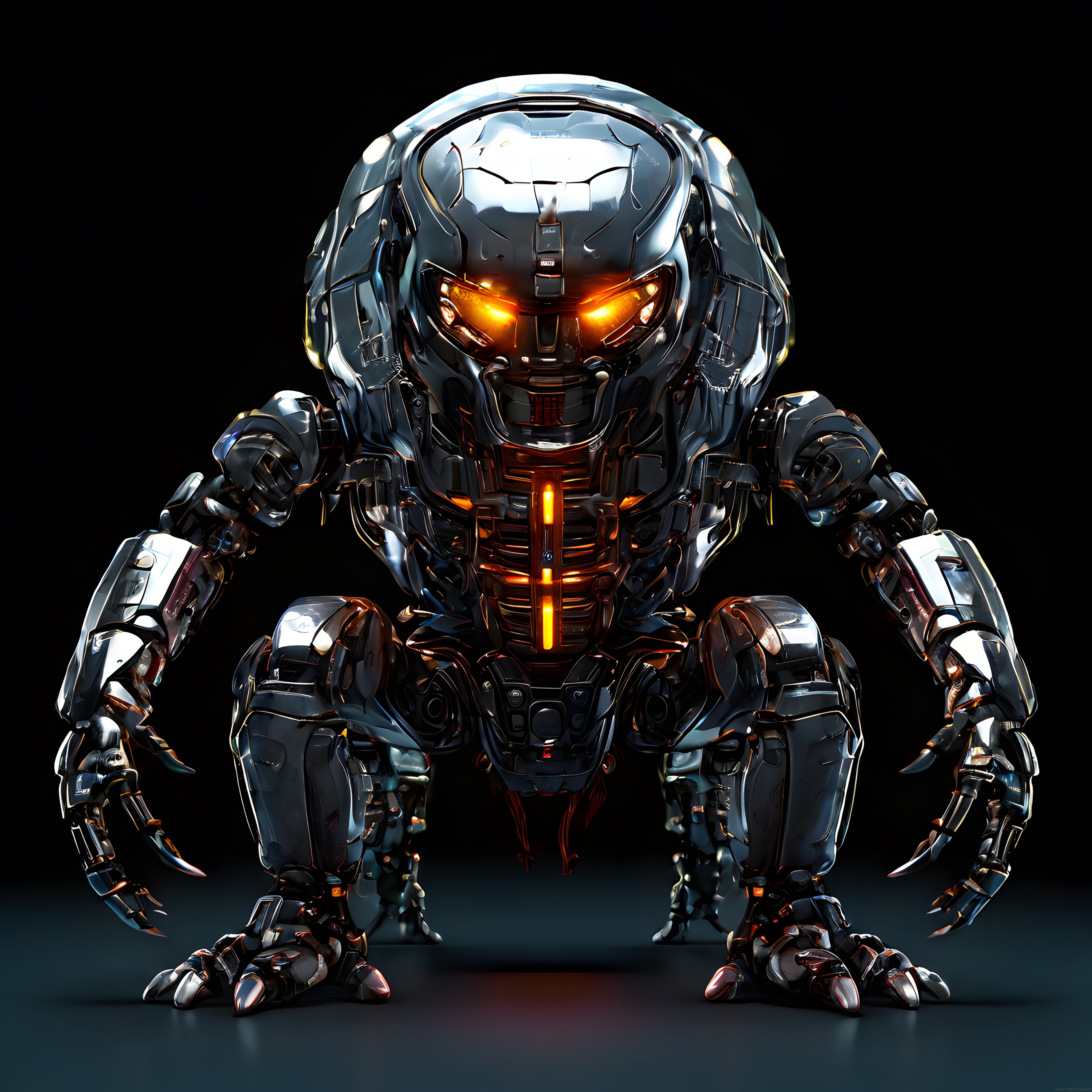 Karanlık ortamda parlayan turuncu gözlü agresif metal cyborg robot