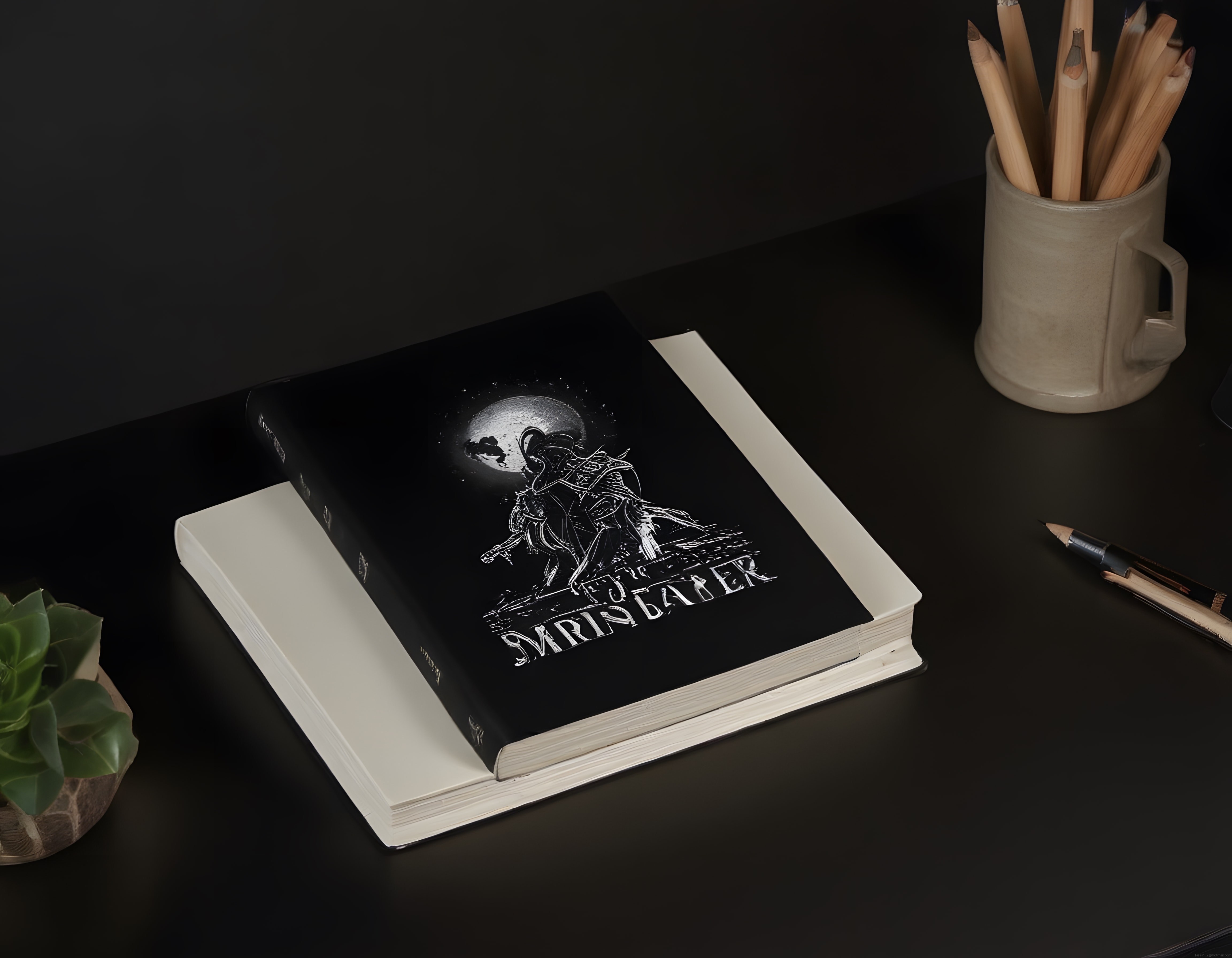 Karanlık ortamda Sun Eater fantastik roman ve çalışma masası köşesi
