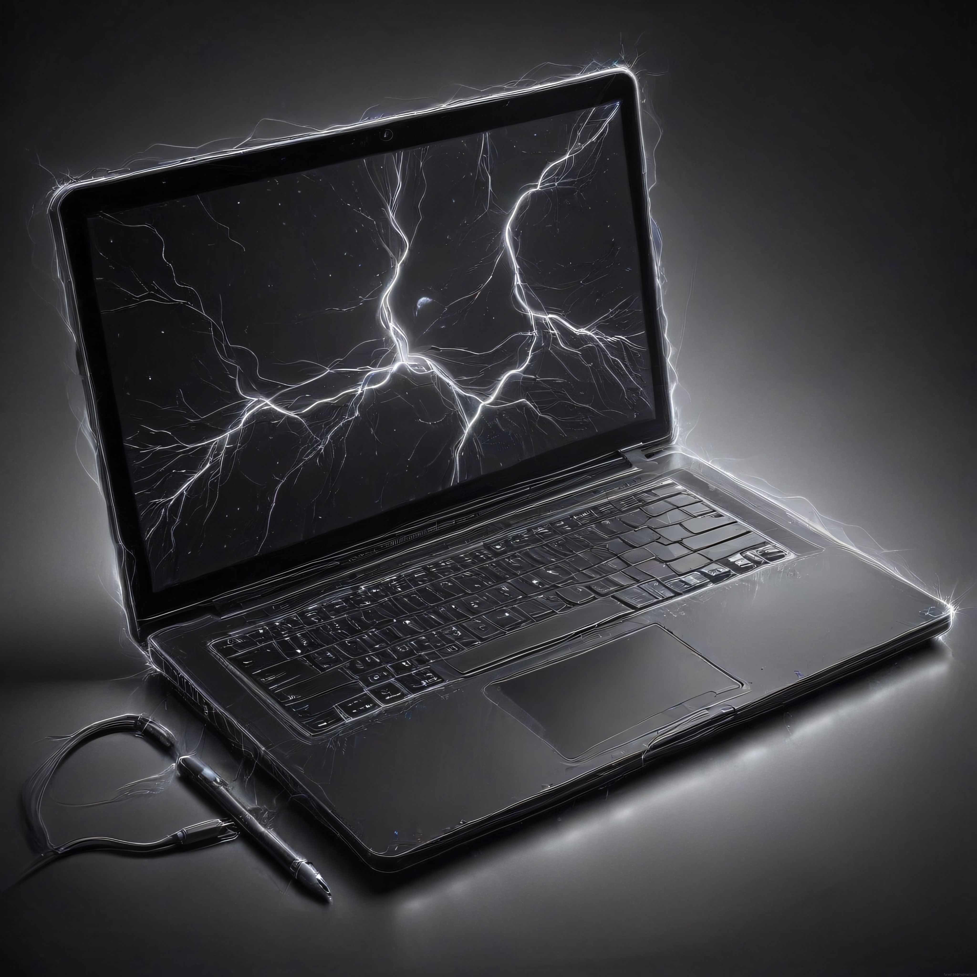 Karanlık Ortamda Yıldırım Efektli Laptop ve Teknolojik Enerji Konsepti