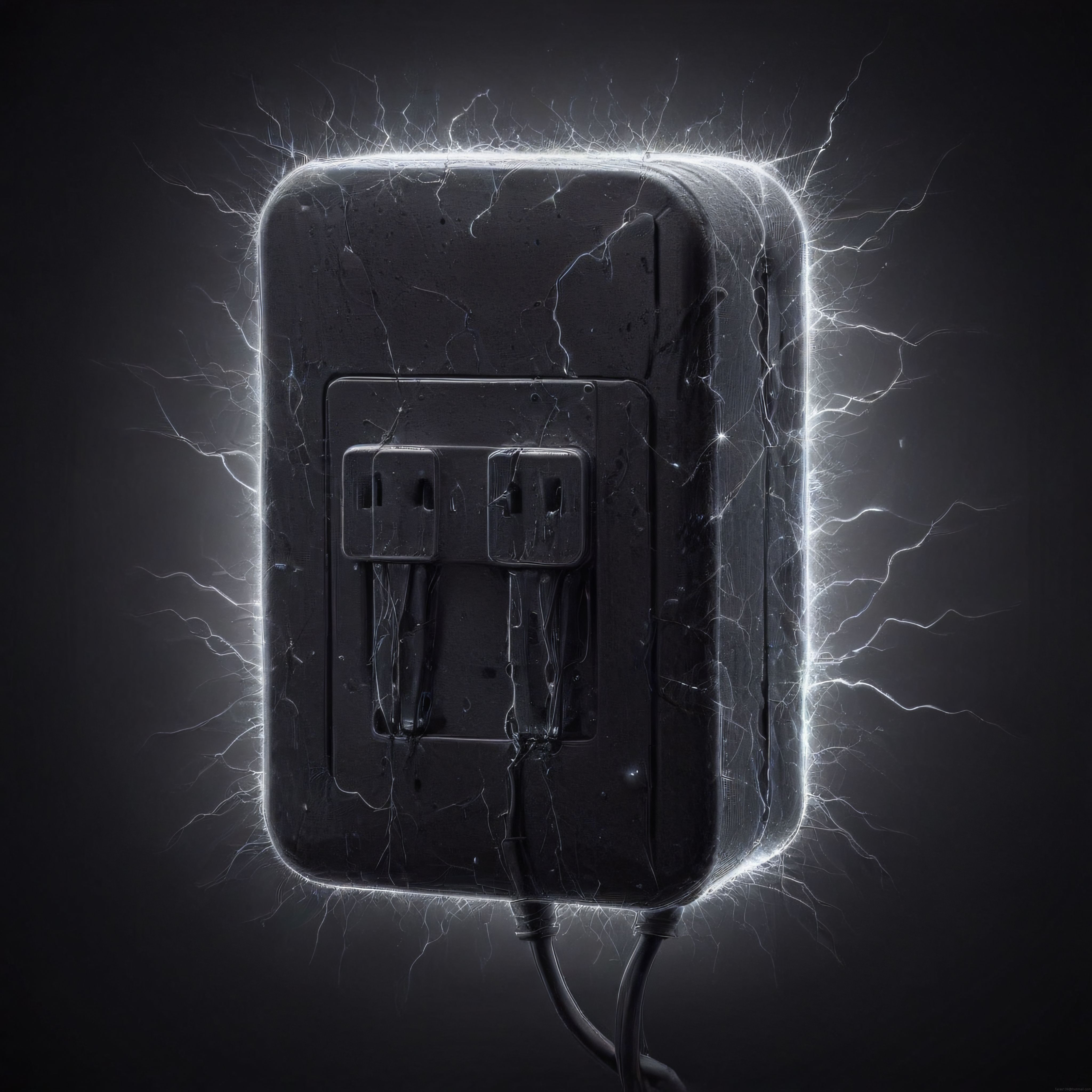 Karanlık ortamda yüksek voltajlı elektrik prizi ve etrafındaki elektrik arkı boşalması