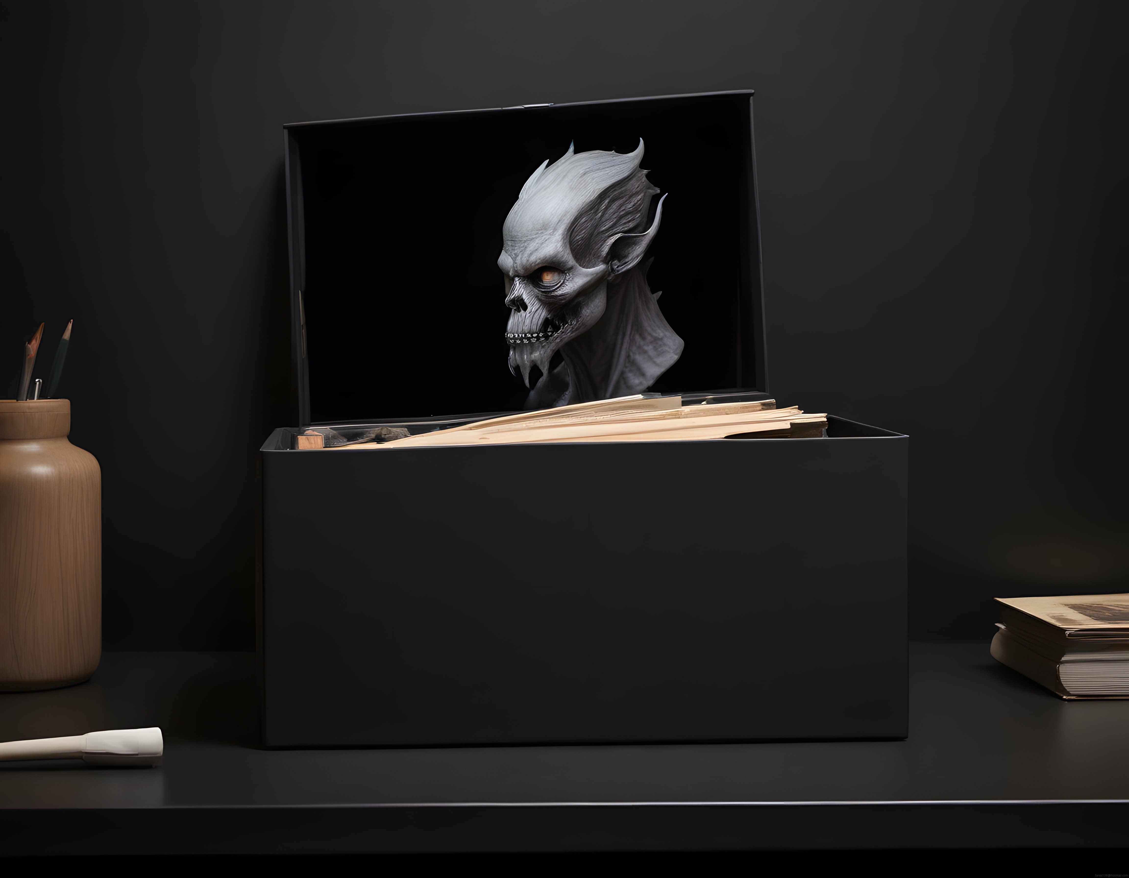 Karanlık sanat stüdyosunda Nosferatu büstü, vintage dosyalar ve kitaplar