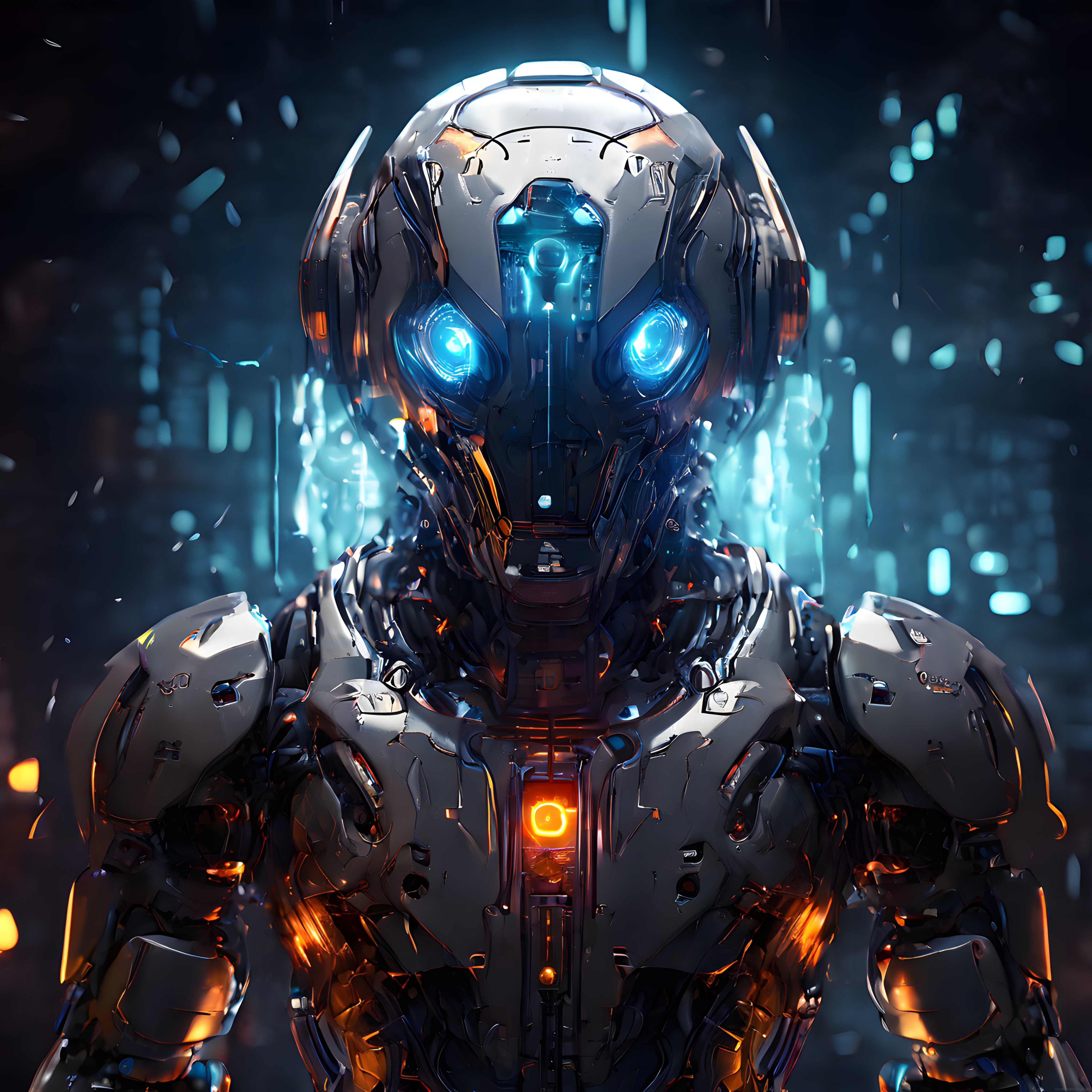 Karanlık Şehirde Işıldayan Mavi Gözleriyle Geleceğin Cyborg Robotu