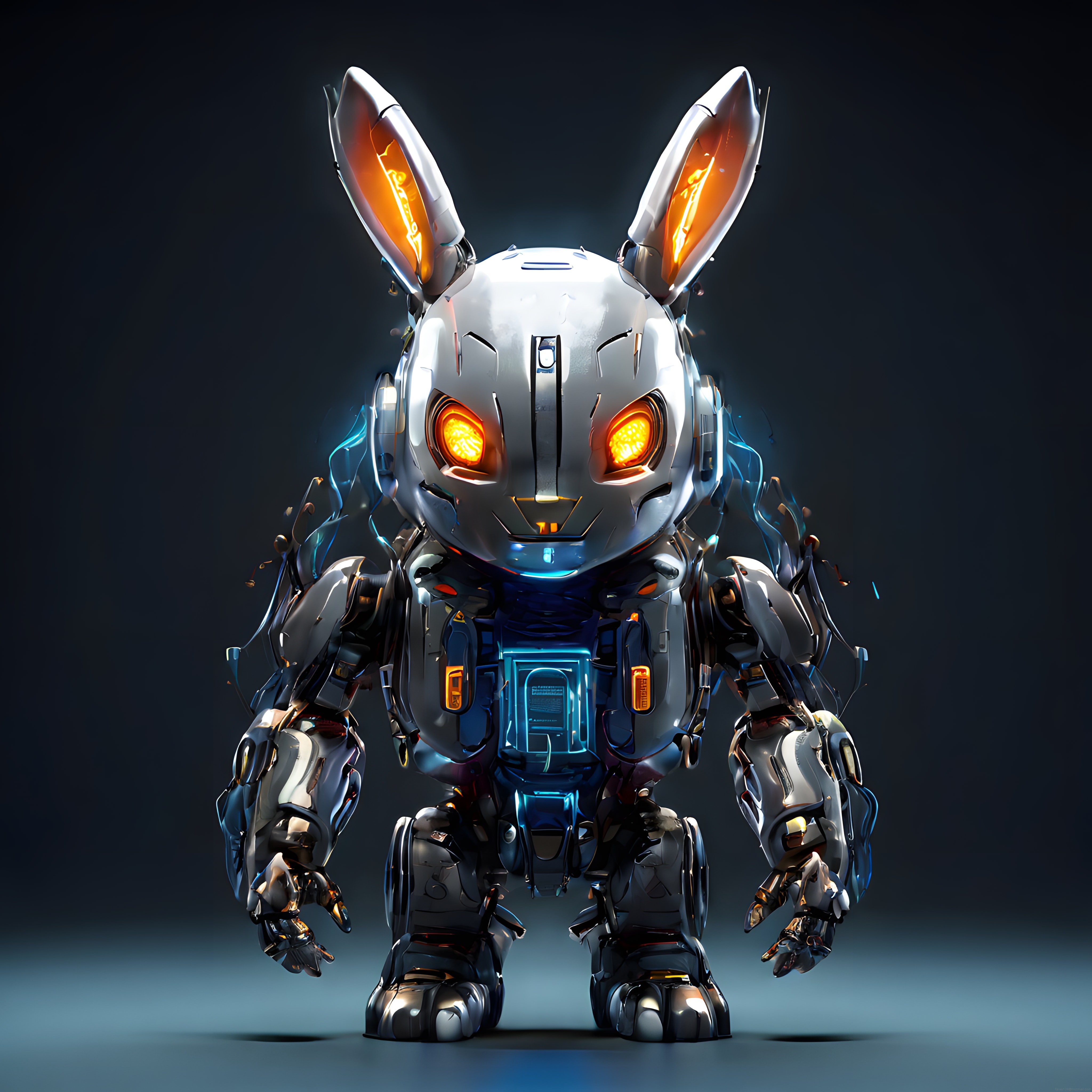 Karanlık Stüdyoda Metal Tavşan Robot: Cyberpunk Mekanik Savaşçı Tasarımı