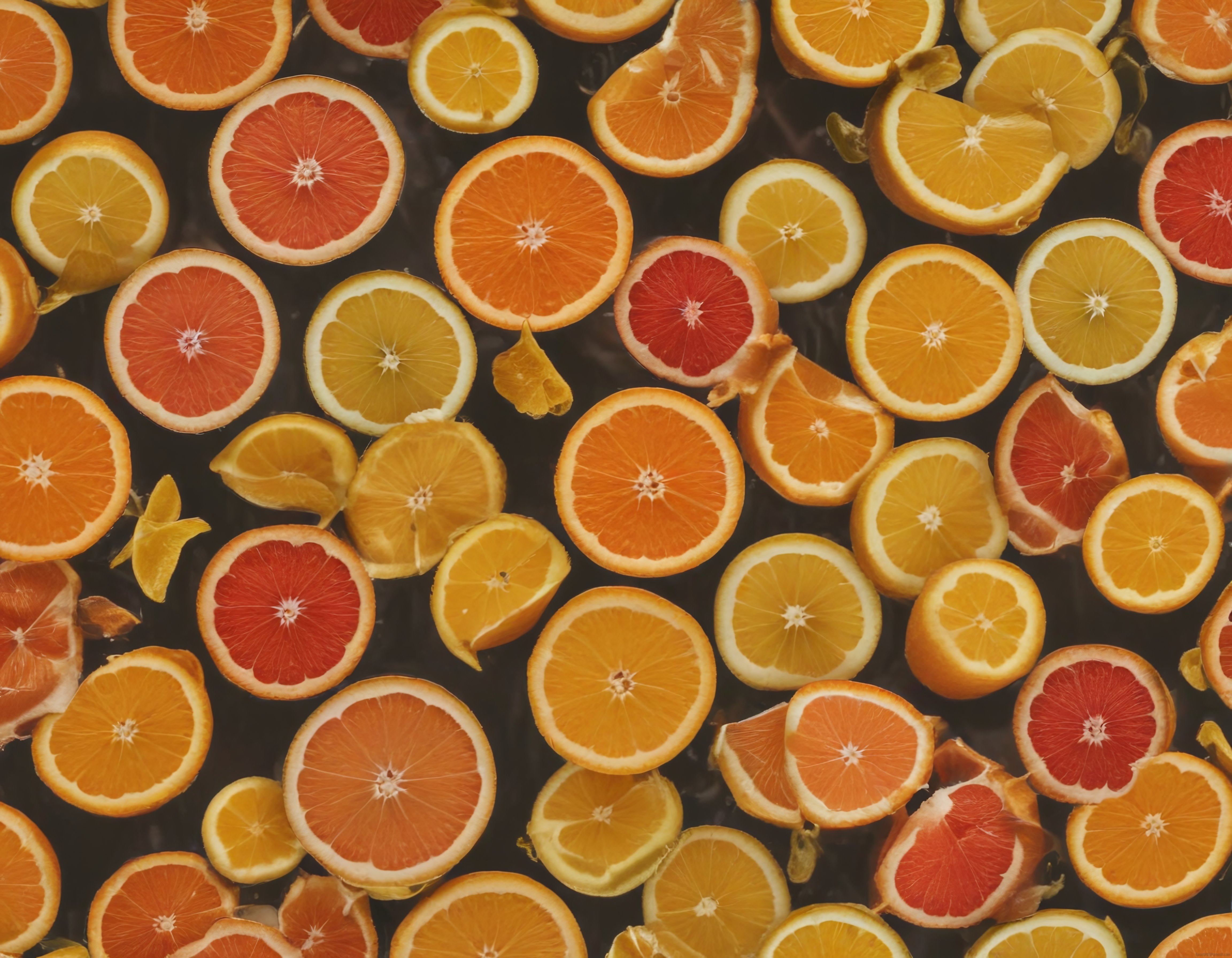 Karanlık Suda Yüzen Renkli Turunçgil Dilimleri: Portakal Limon ve Greyfurt