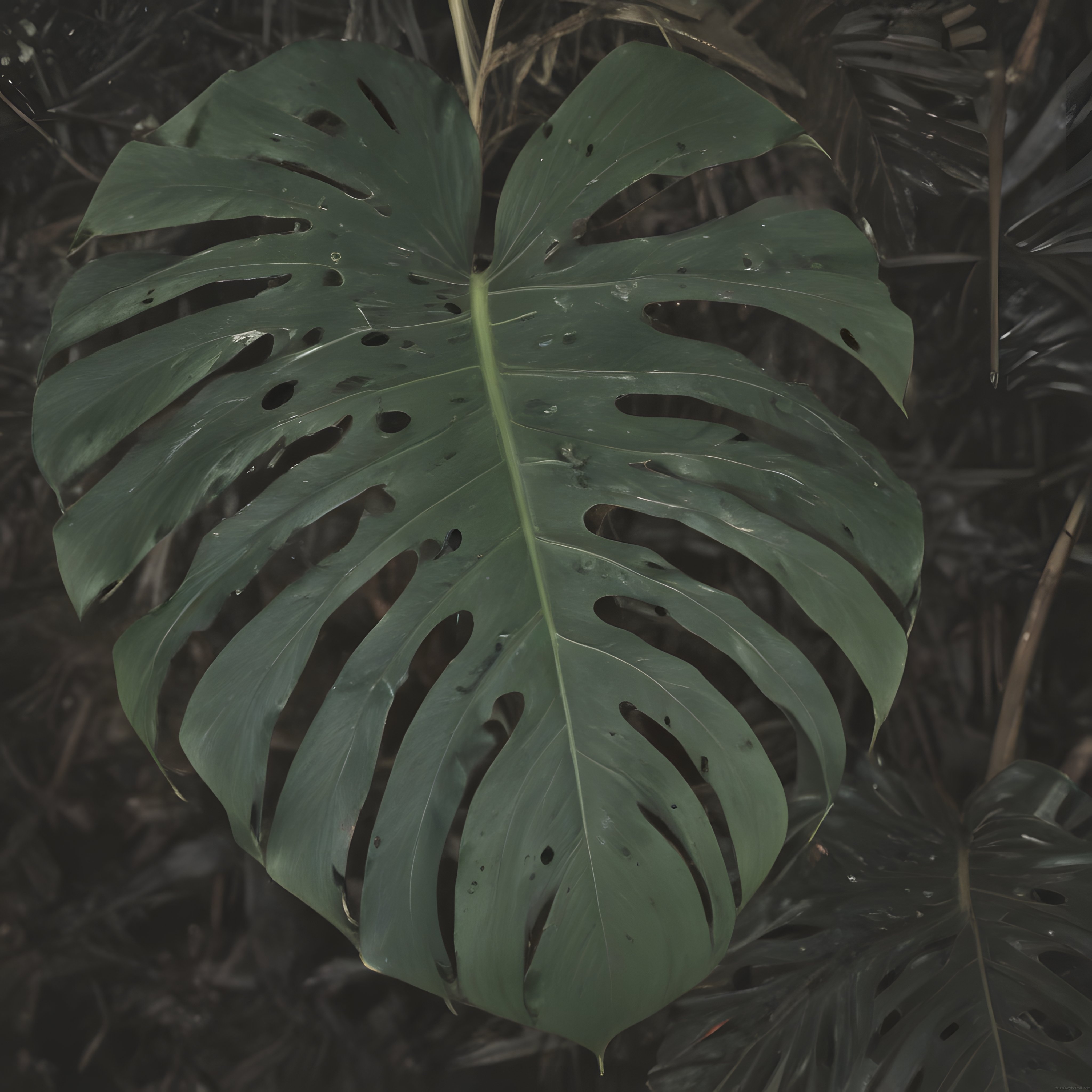 Karanlık Tropik Ormanda Işıltılı Monstera Yaprağı ve Su Damlacıkları