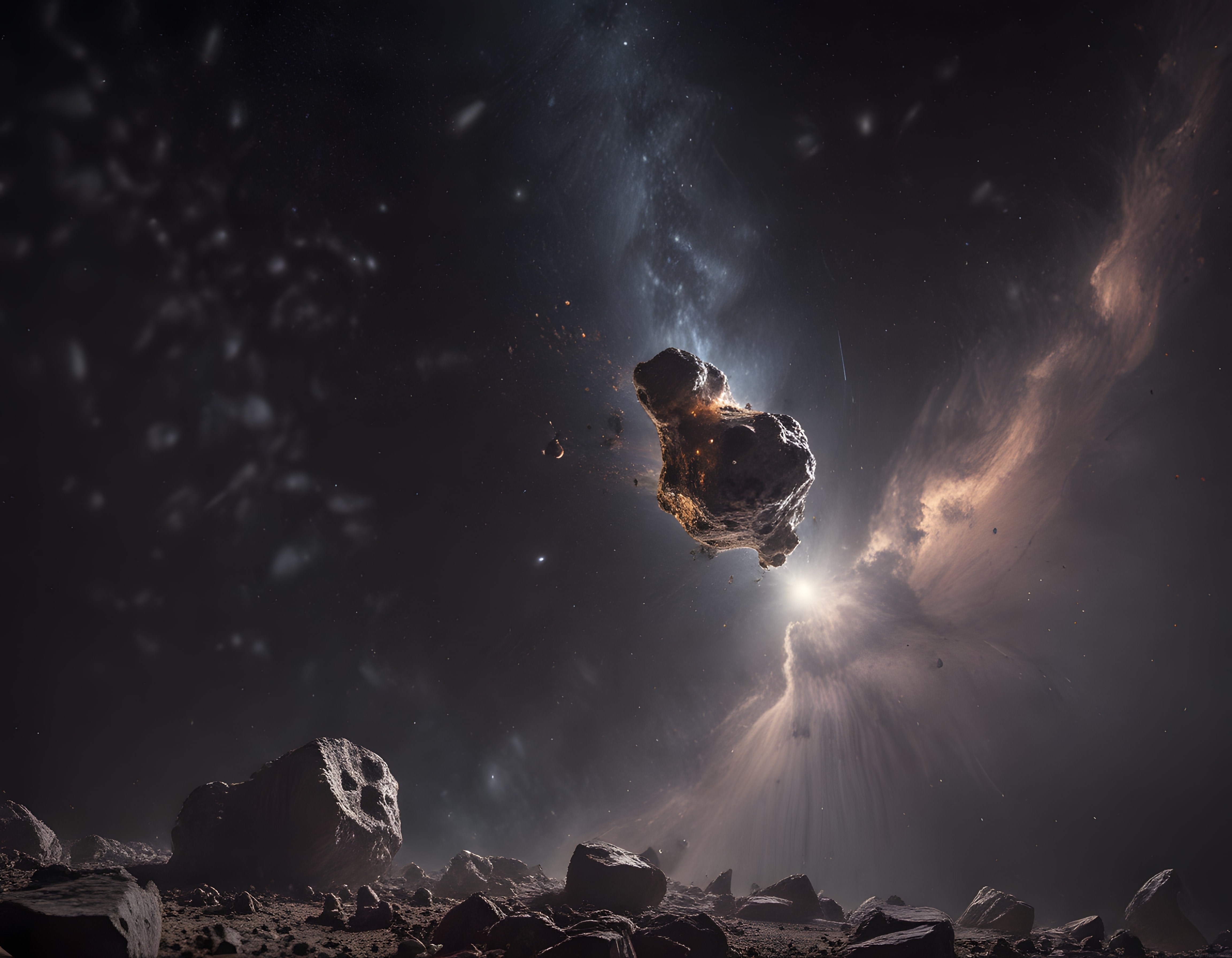 Karanlık Uzayda Yüzen Asteroit ve Yıldız Işığıyla Aydınlanan Nebula