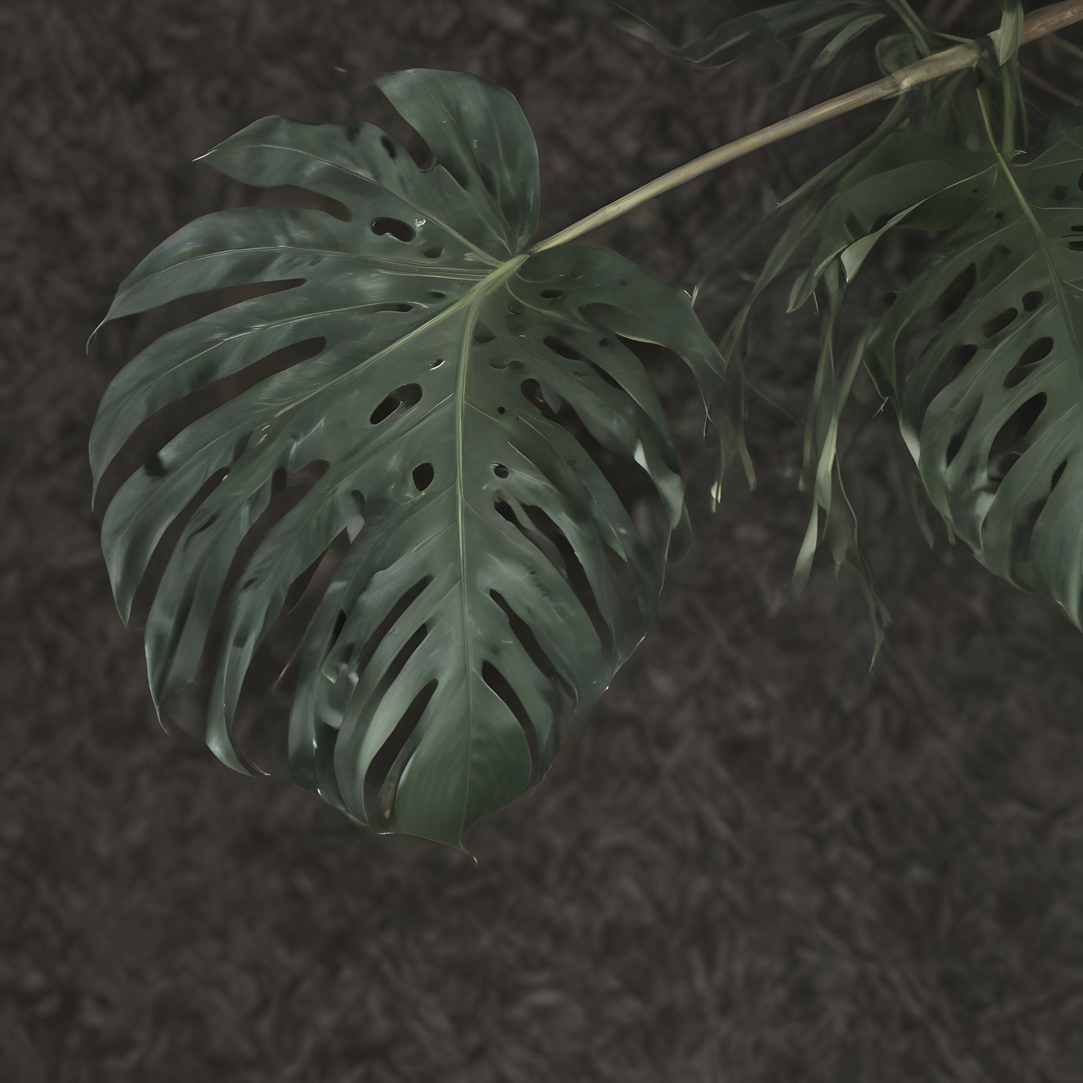 Karanlık ve Doğal Arka Planda Büyük Yeşil Monstera Deliciosa Yaprağı