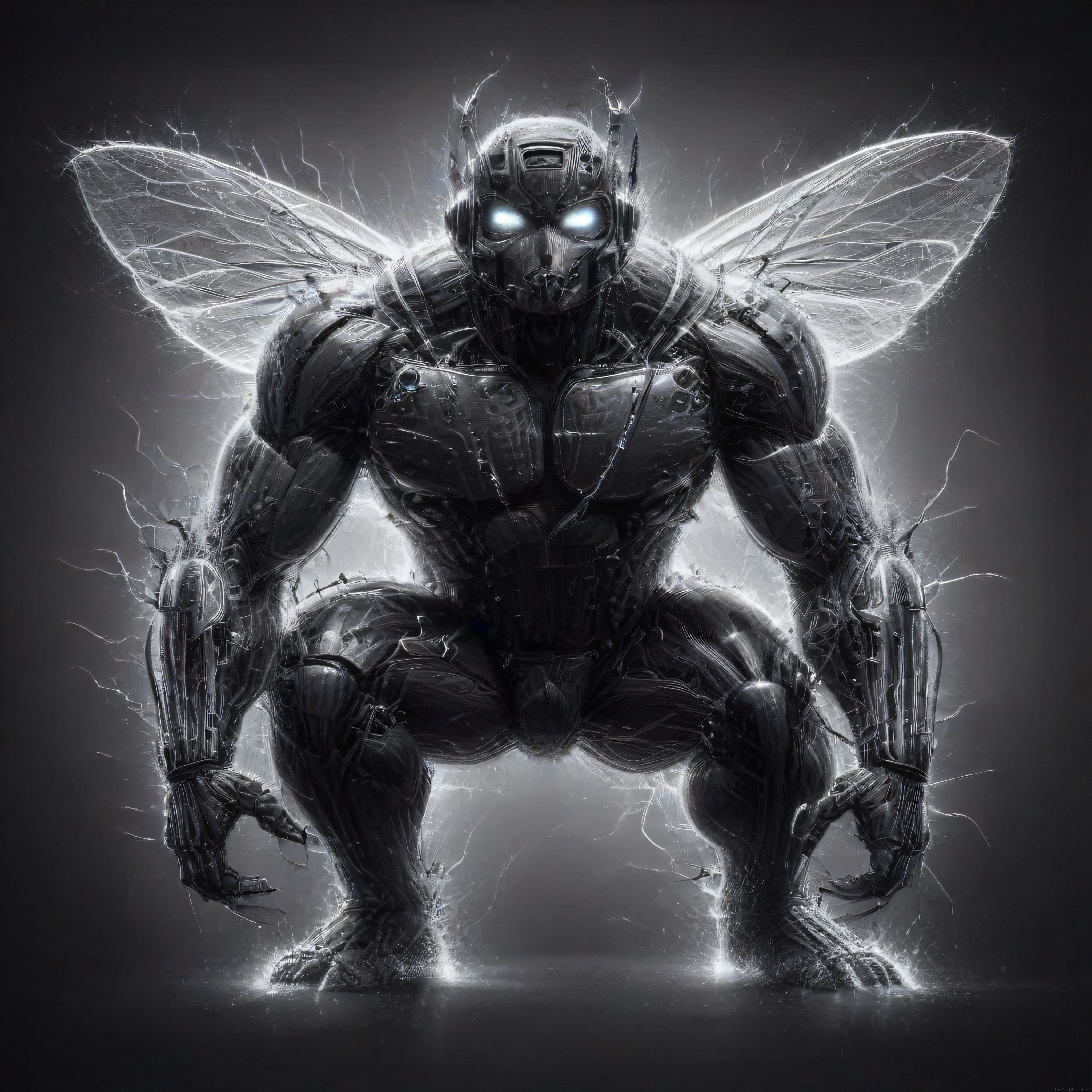 Karanlık ve Gizemli Ant-Man İllüstrasyonu: Kanatlı Biyo-Mekanik Süper Kahraman