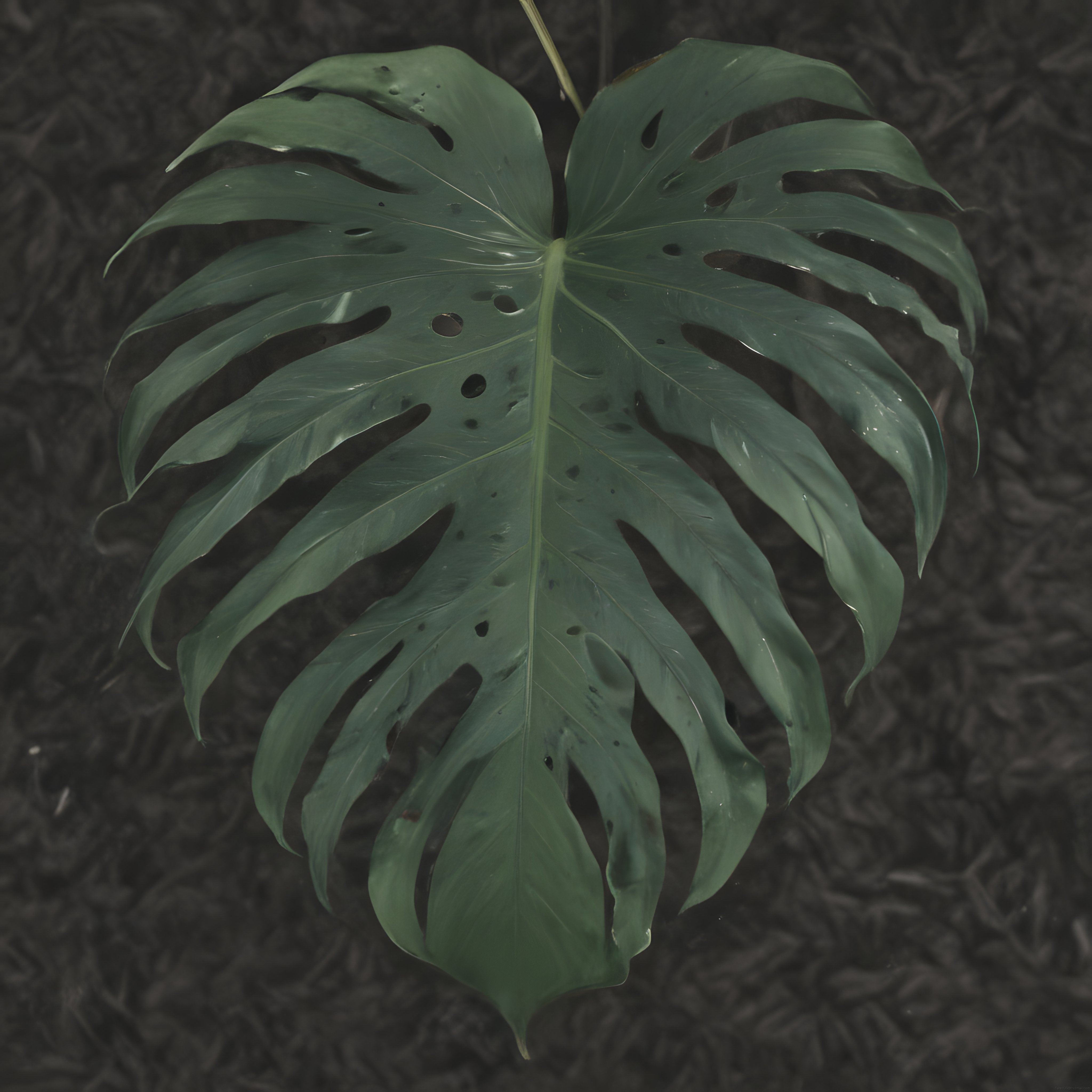 Karanlık ve Gizemli Arka Planda Nemli Tropikal Monstera Yaprağı Makro Fotoğrafı
