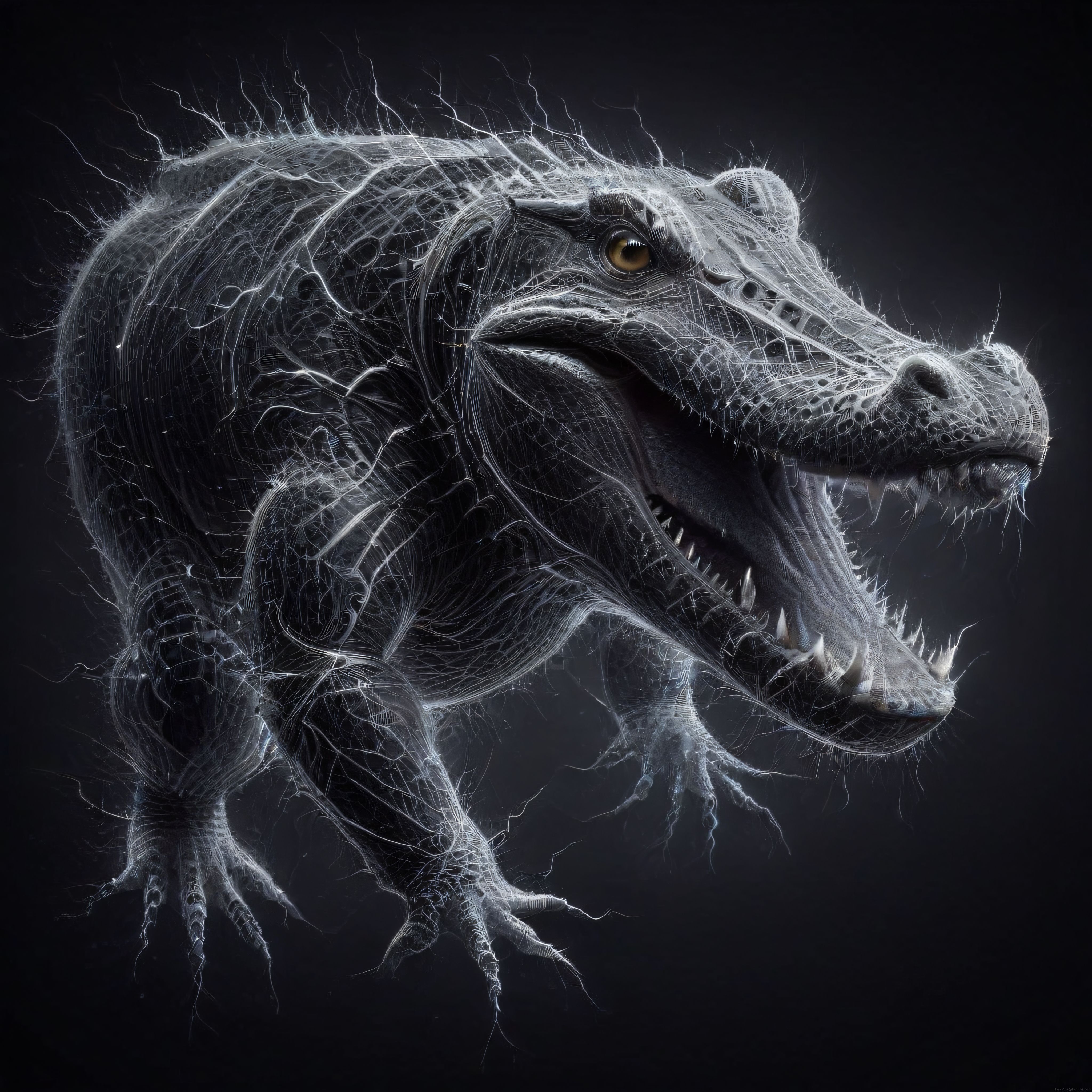 Karanlık ve Gizemli Atmosferde Sinirsel Liflerden Oluşan Dijital T Rex Portresi