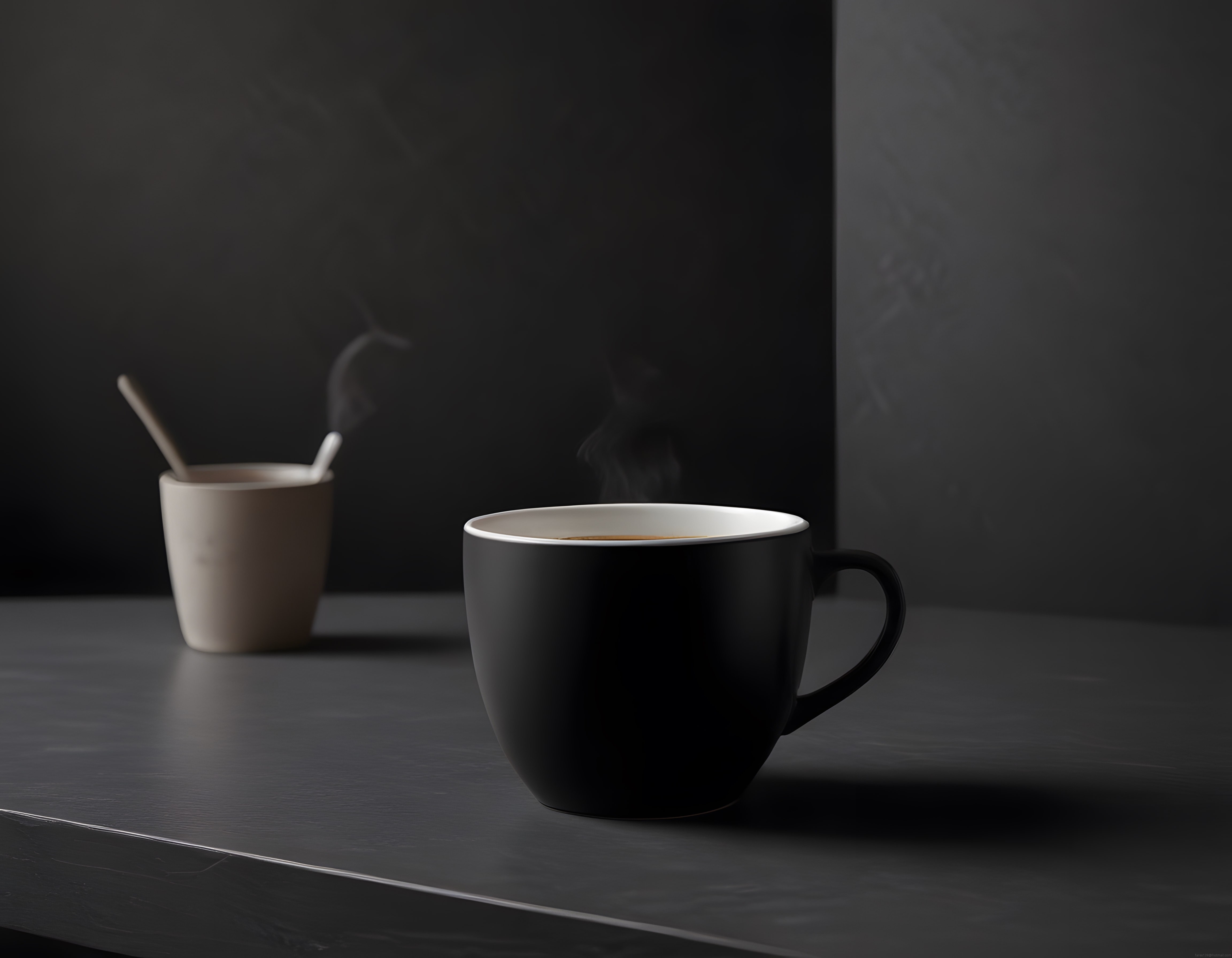 Karanlık ve Minimalist Atmosferde Buhar Tüten Siyah Kahve Fincanı