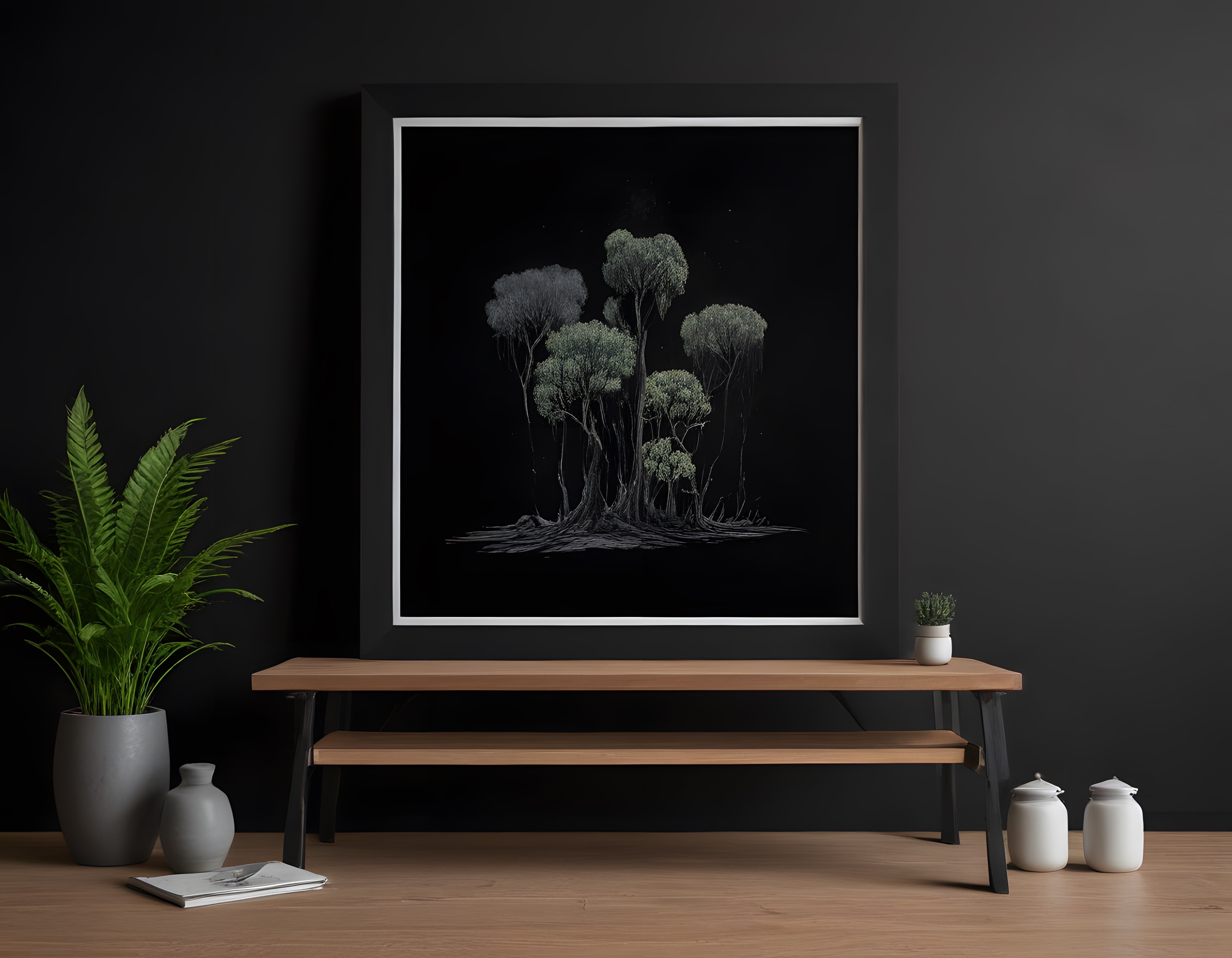 Karanlık ve Minimalist İç Mekanda Ağaç Temalı Modern Tablo Dekorasyonu