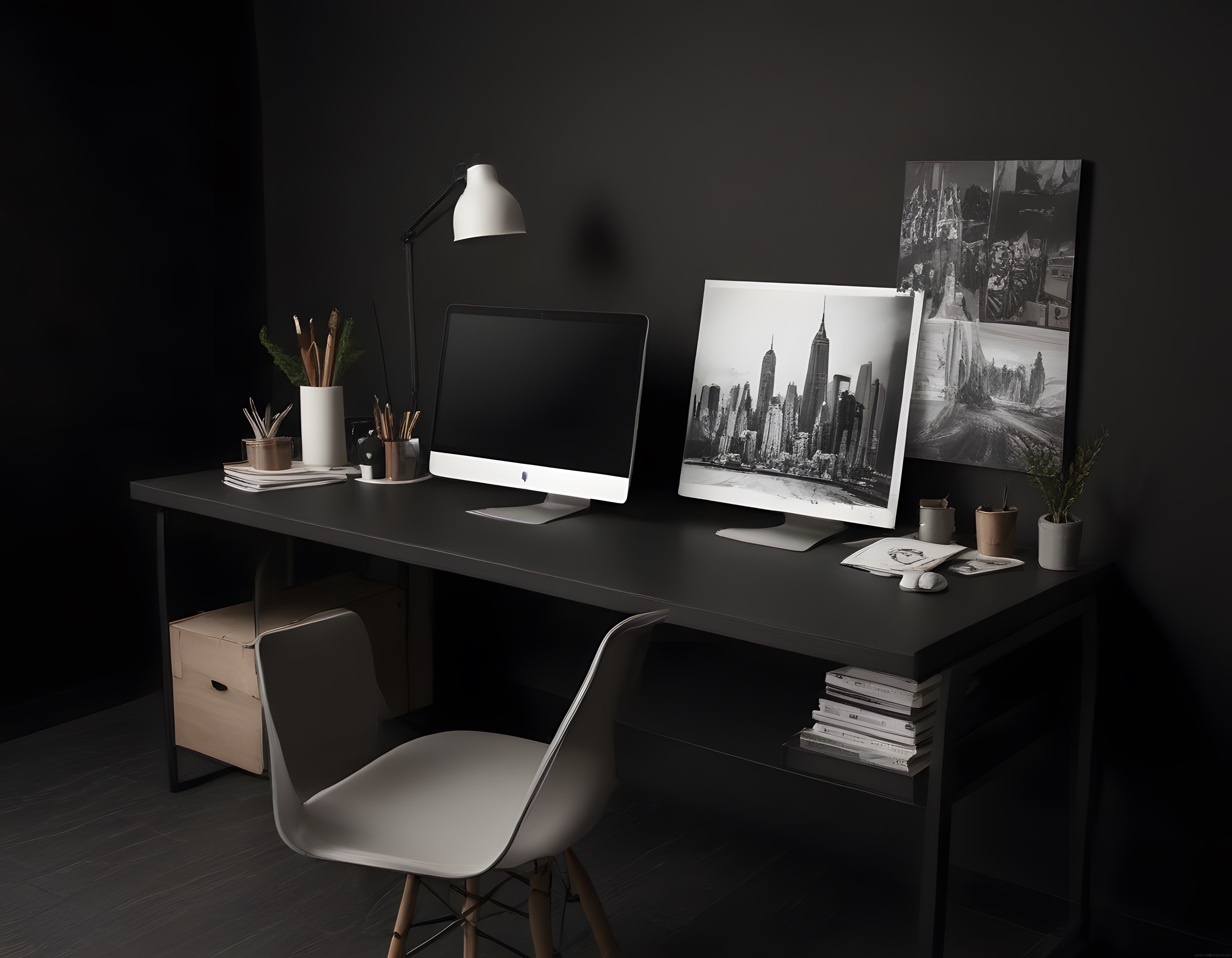 Karanlık ve Modern Ev Ofis Dekorasyonu: Minimalist Çalışma Alanı Tasarımı
