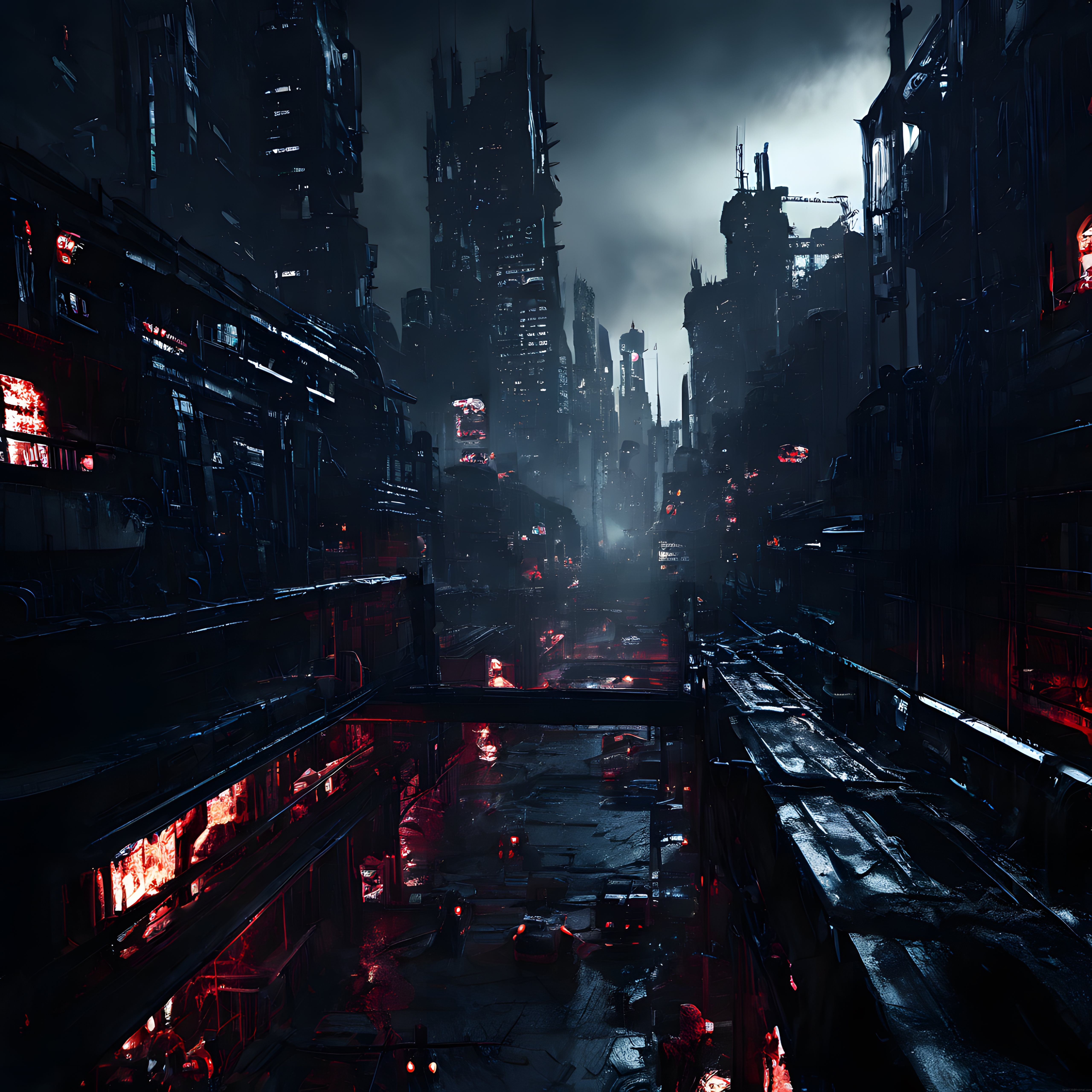 Karanlık ve Sisli Bir Cyberpunk Metropolde Yağmurlu Gece Manzarası