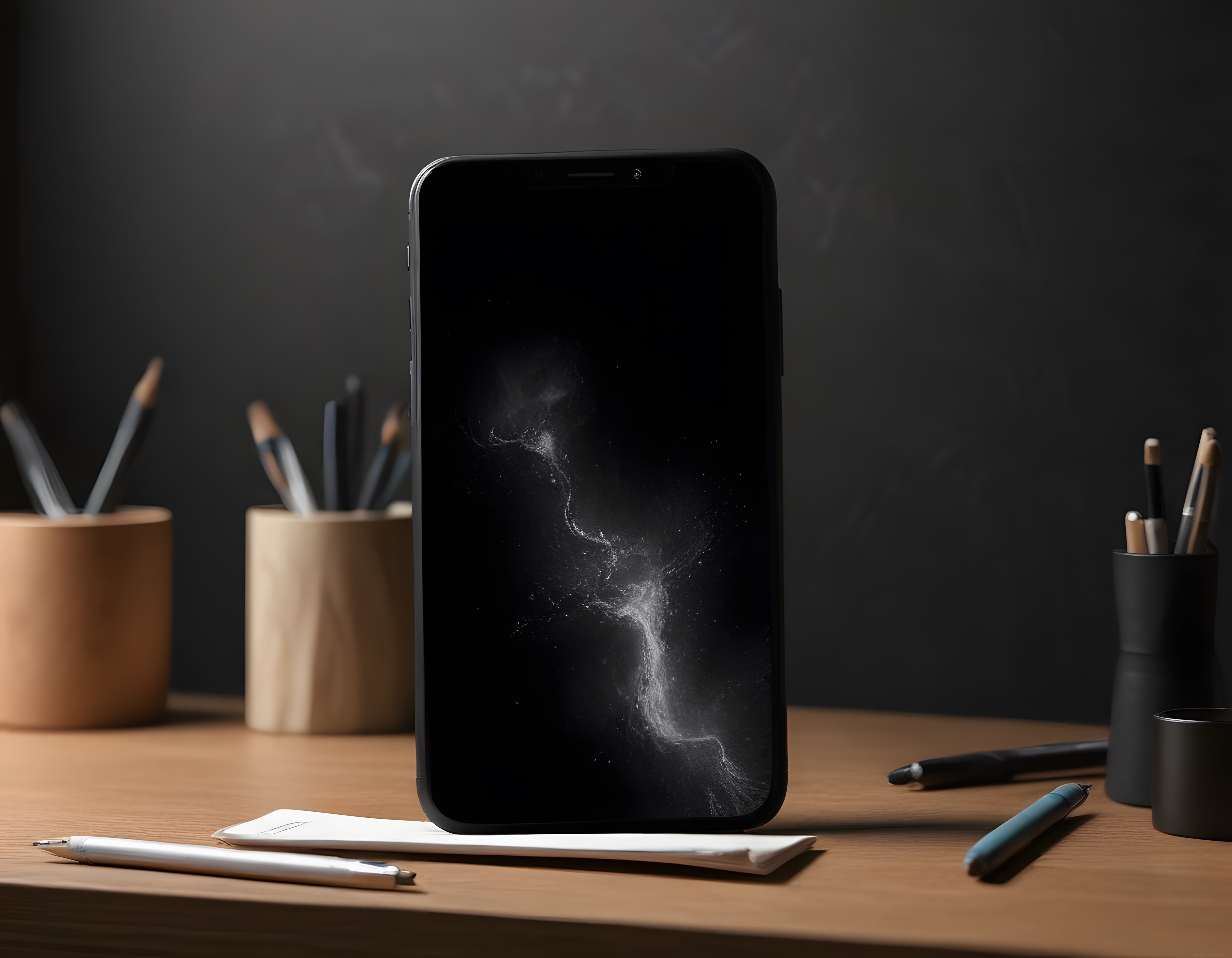 Karanlık ve Stil Sahibi Çalışma Masası Üzerinde Akıllı Telefon Mockup Görseli
