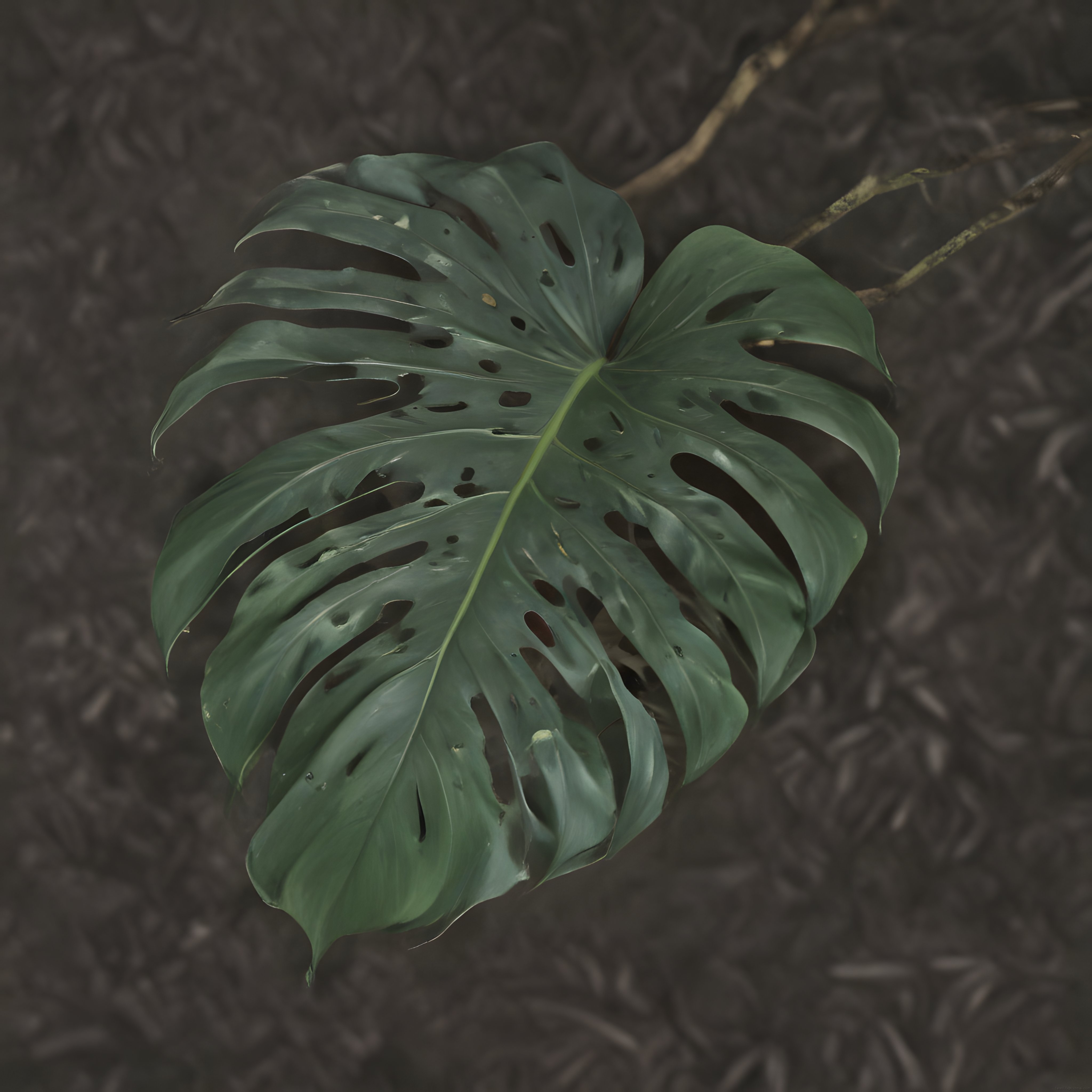 Karanlık Zemin Üzerinde Detaylı Monstera Deliciosa Yaprağı ve Su Damlaları