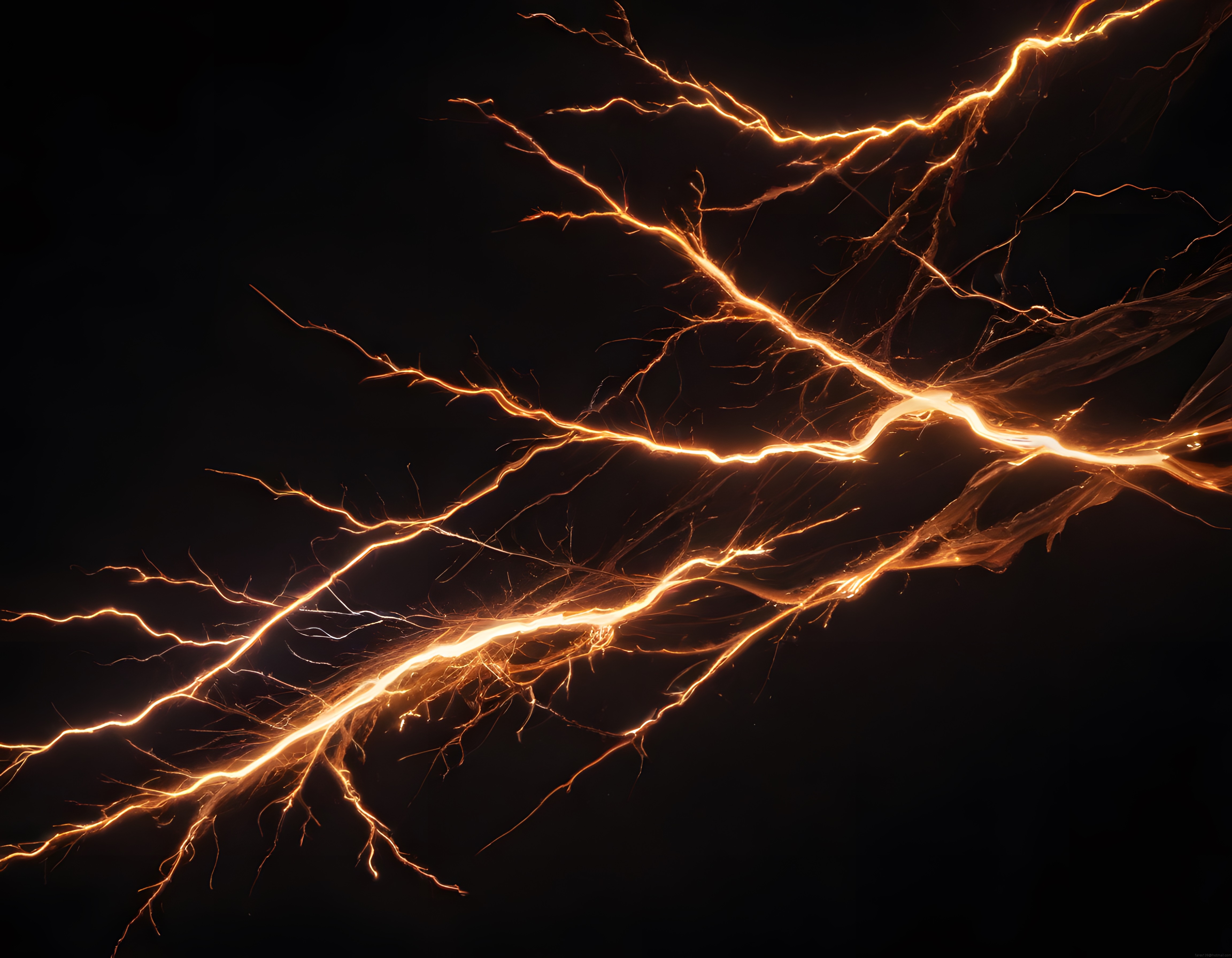 Karanlık Zeminde Dans Eden Turuncu Elektrik Yıldırımları ve Enerji Çizgileri