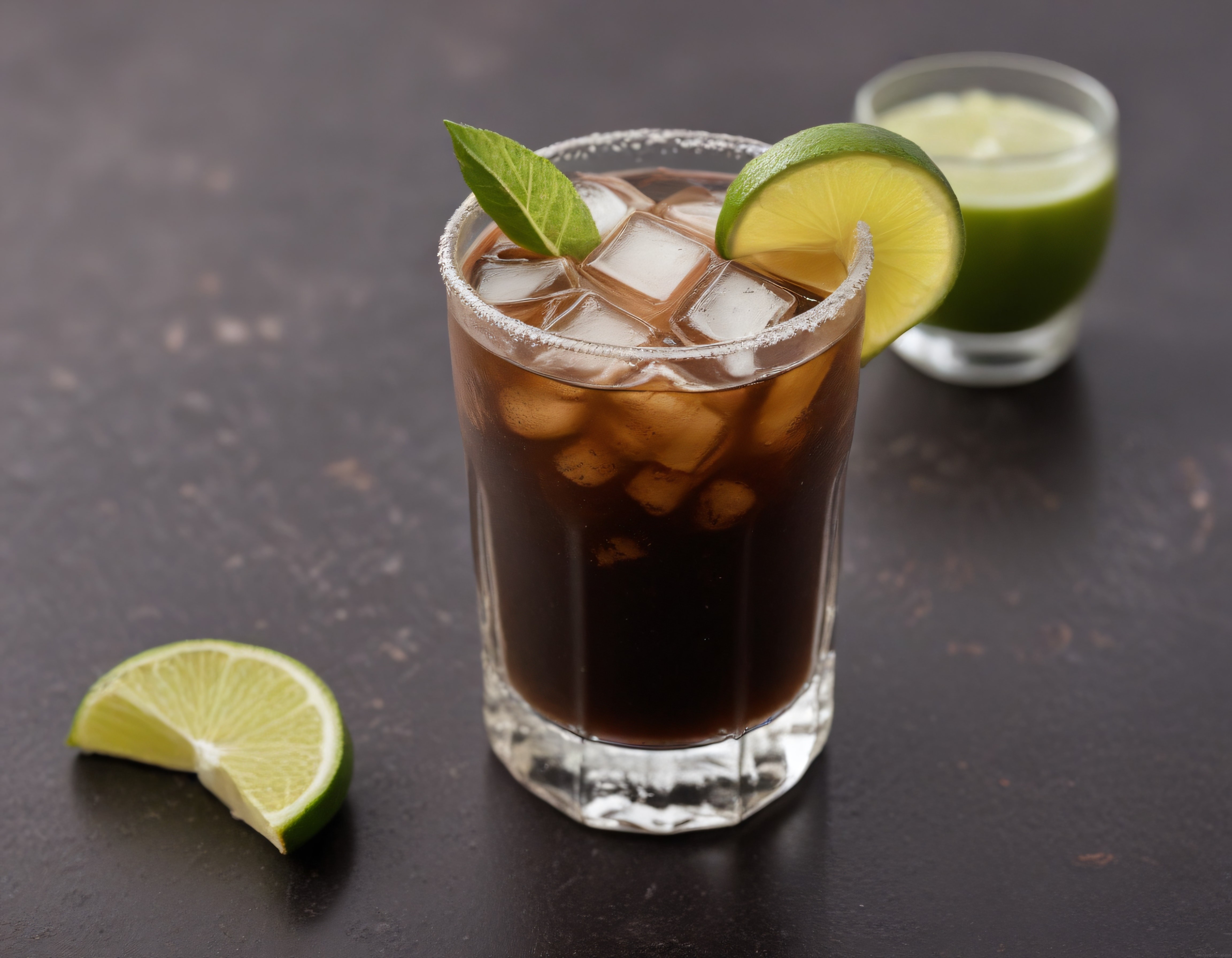 Karanlık Zeminde Limon Süslenmiş Buzlu Kokteyl ve Yeşil Shot Bardakları