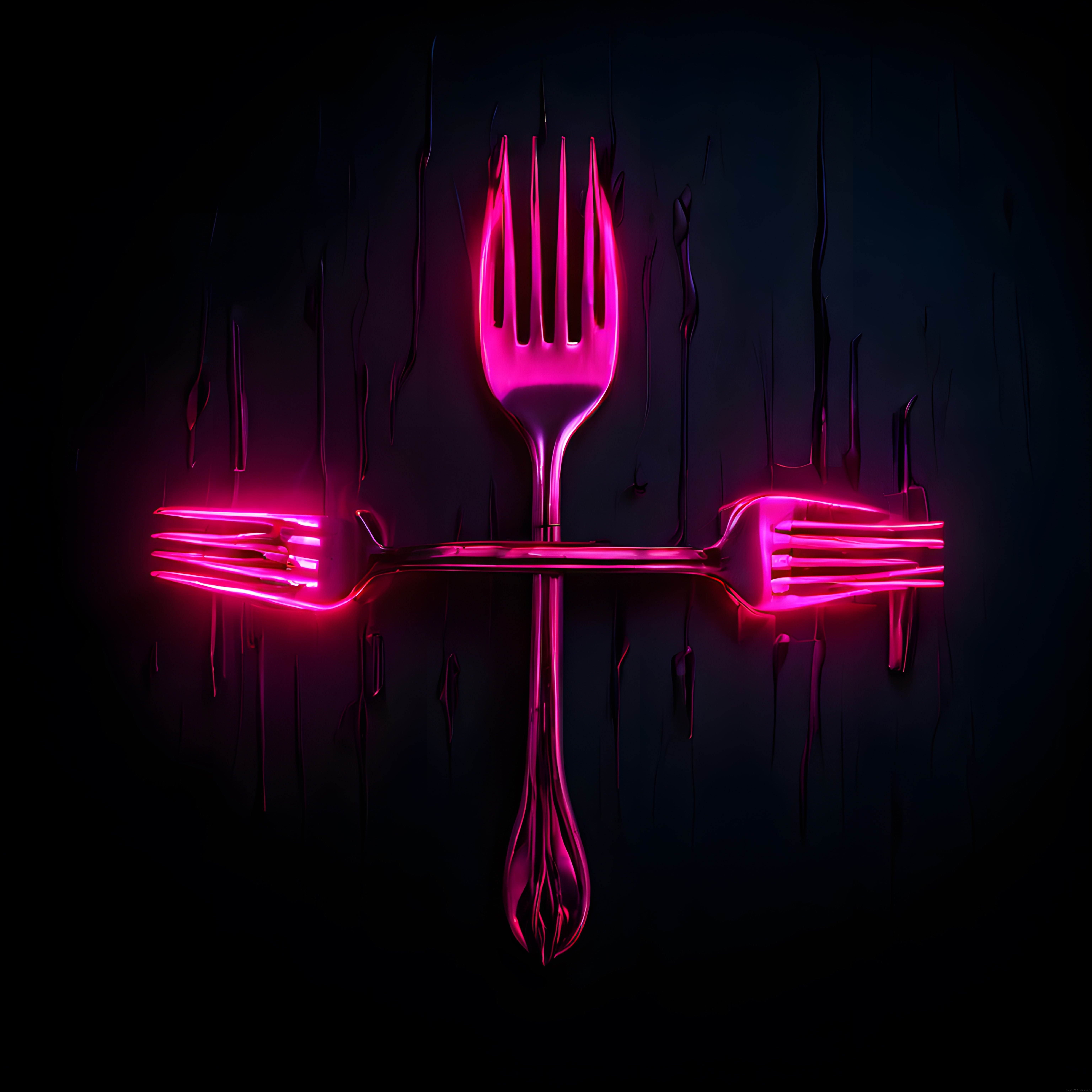 Karanlık Zeminde Neon Pembe Çatalların Soyut ve Modern Sanatsal Kompozisyonu
