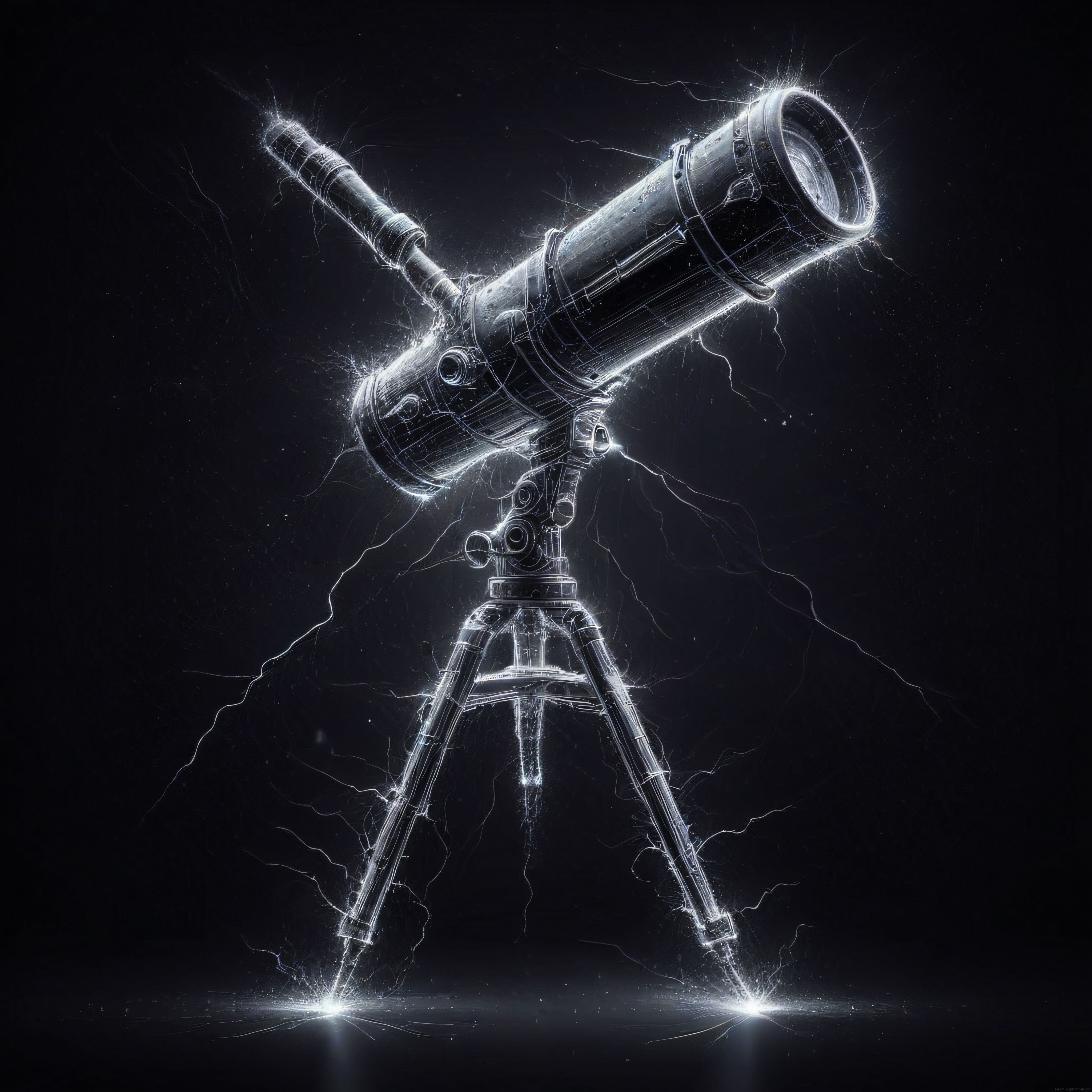 Karanlık Zeminde Parıldayan Dijital Tel Kafes Teleskop ve Tripod Ayağı