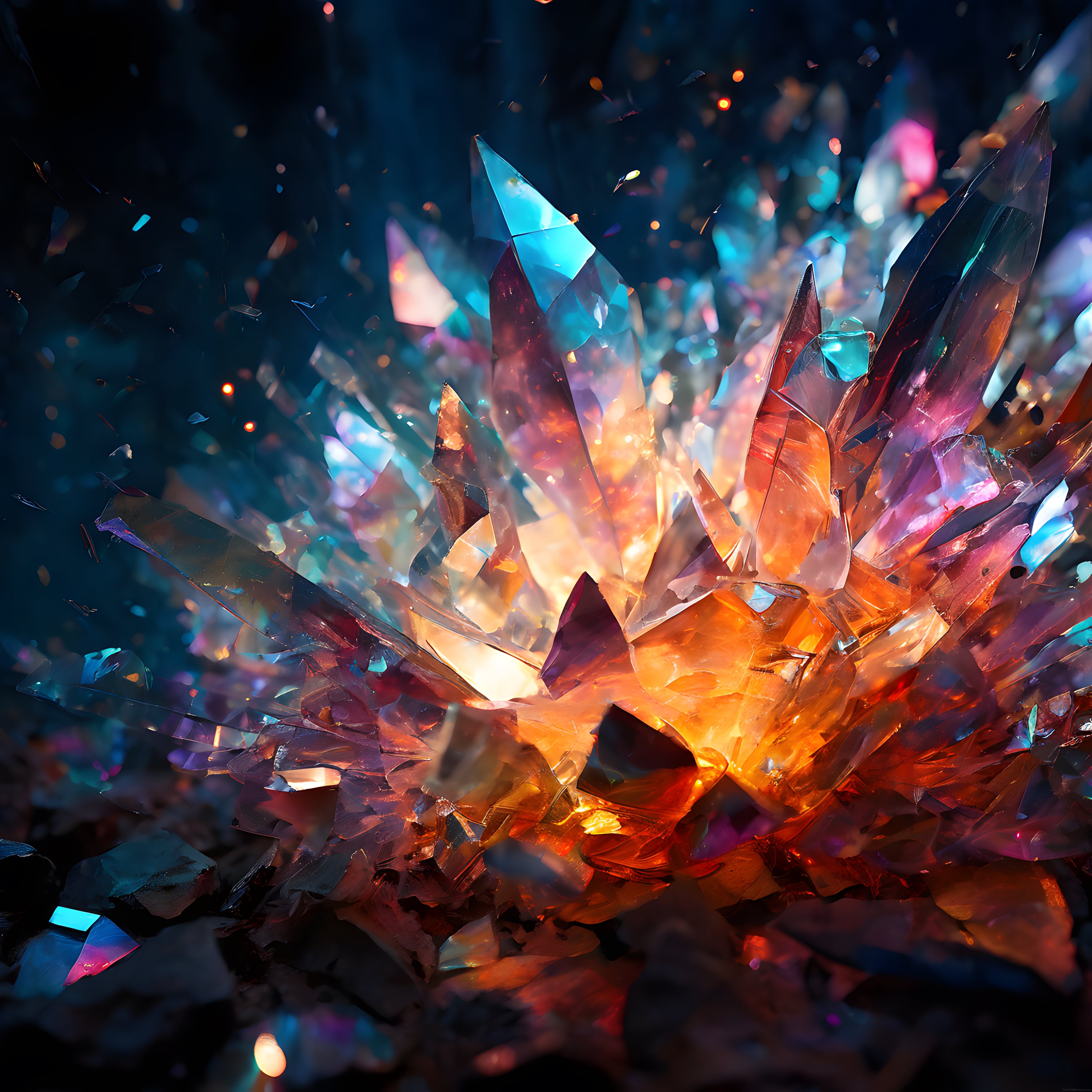 karanlık zeminde parlayan fantastik kristal oluşumları dijital sanat eseri