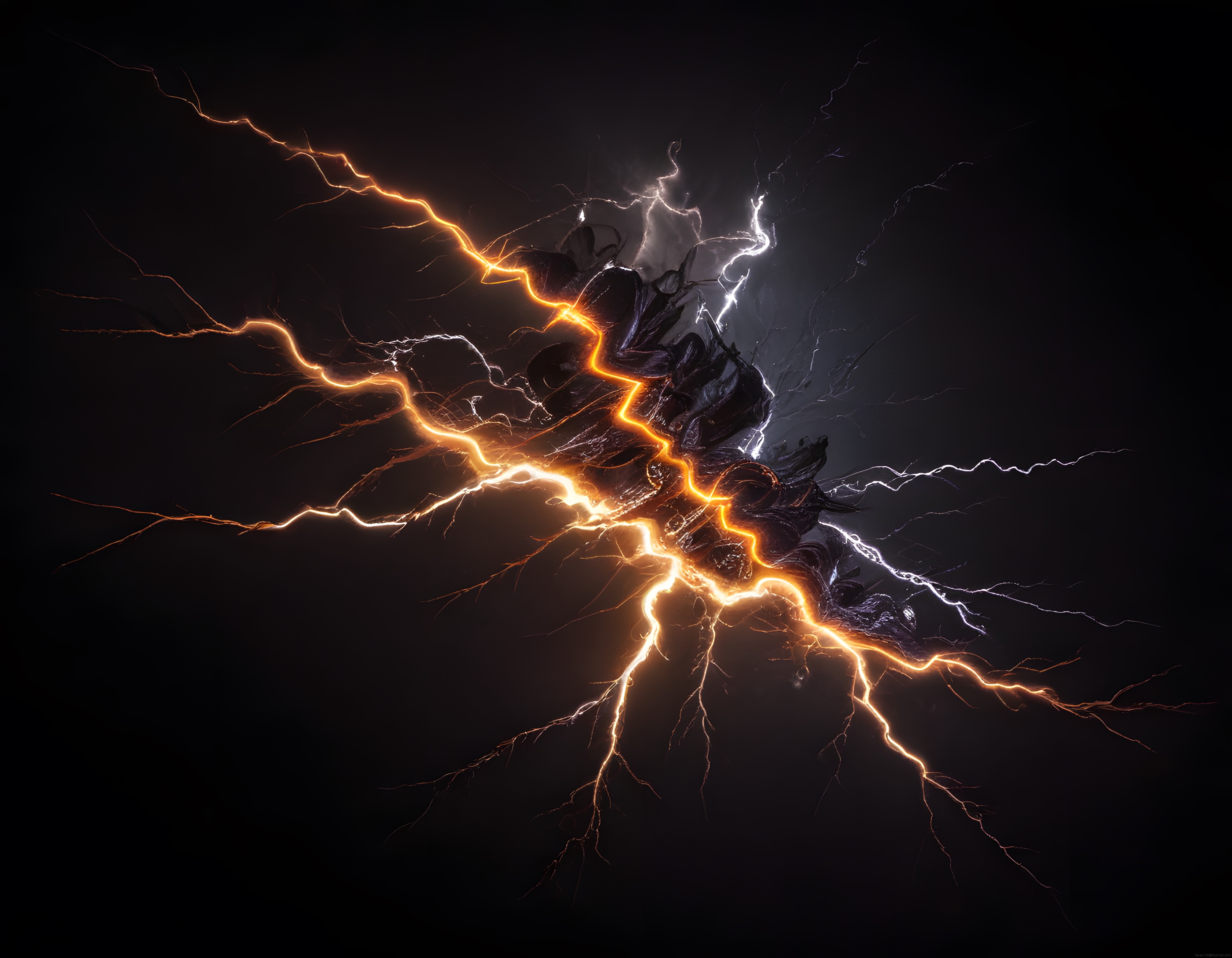Karanlık Zeminde Parlayan Turuncu ve Beyaz Elektrik Enerjisi Dijital Sanat