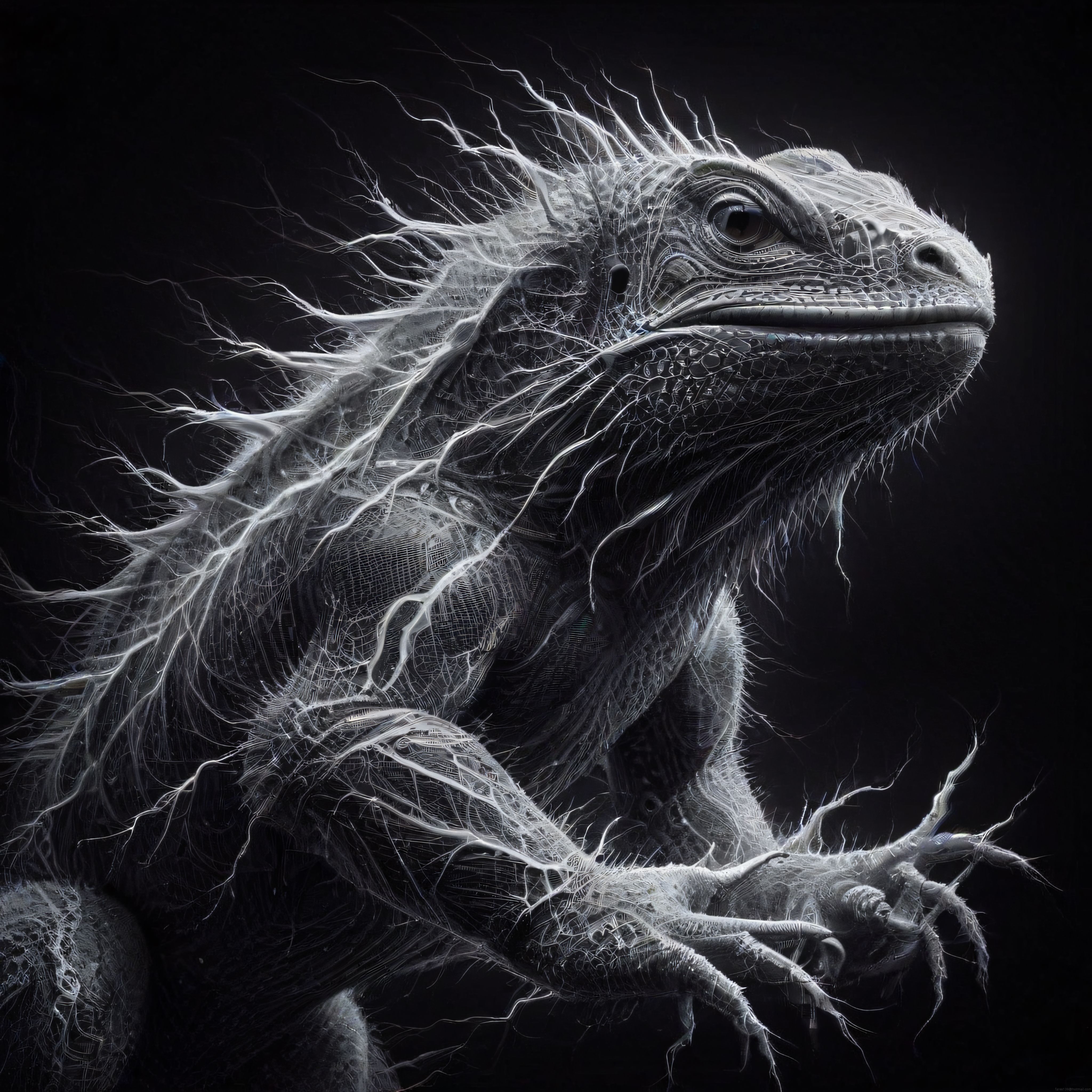 Karanlık zeminde sinir ağı ve fiber dokularla kaplı iguana portresi