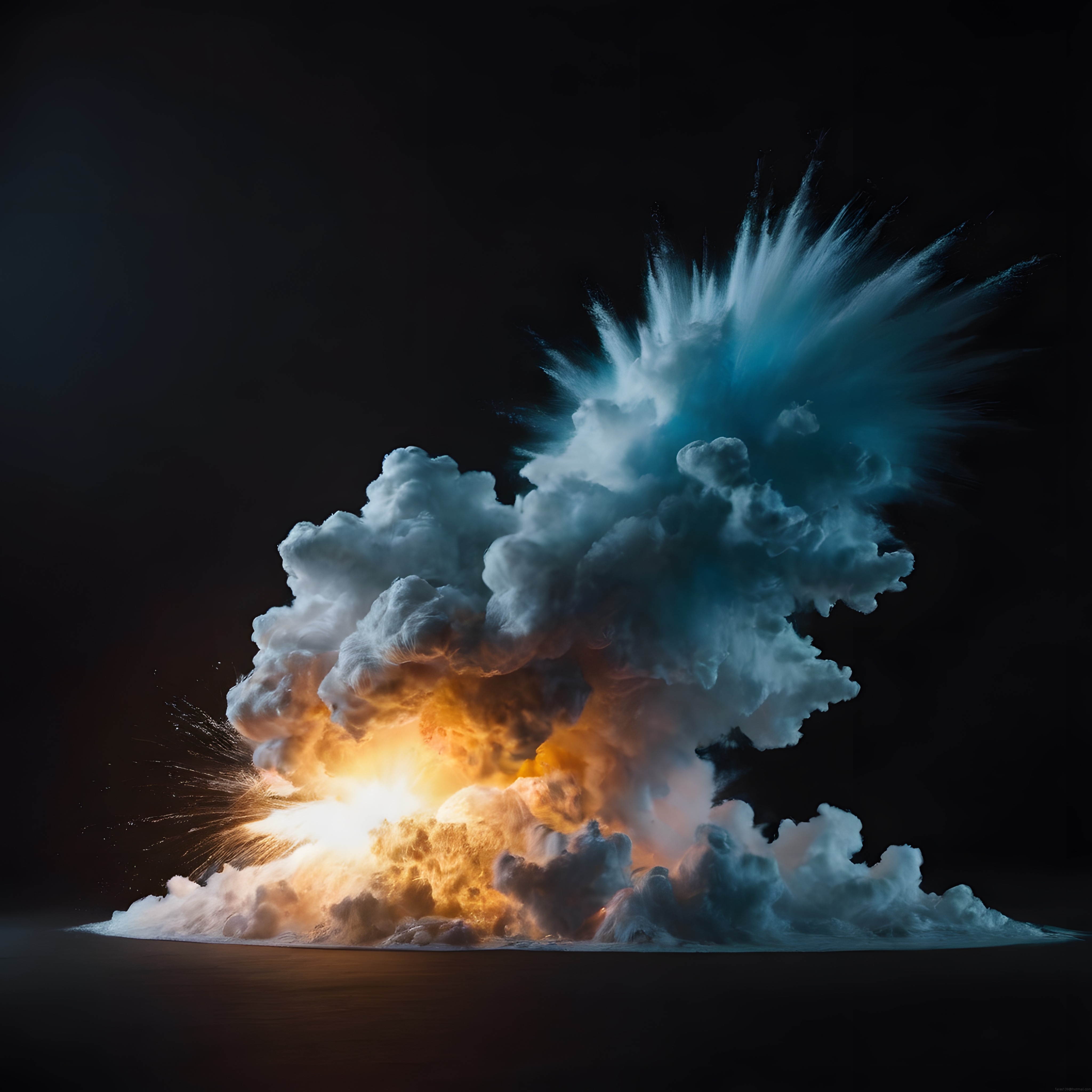 Karanlık zeminde yükselen yoğun duman ve alev bulutlarıyla etkileyici patlama anı