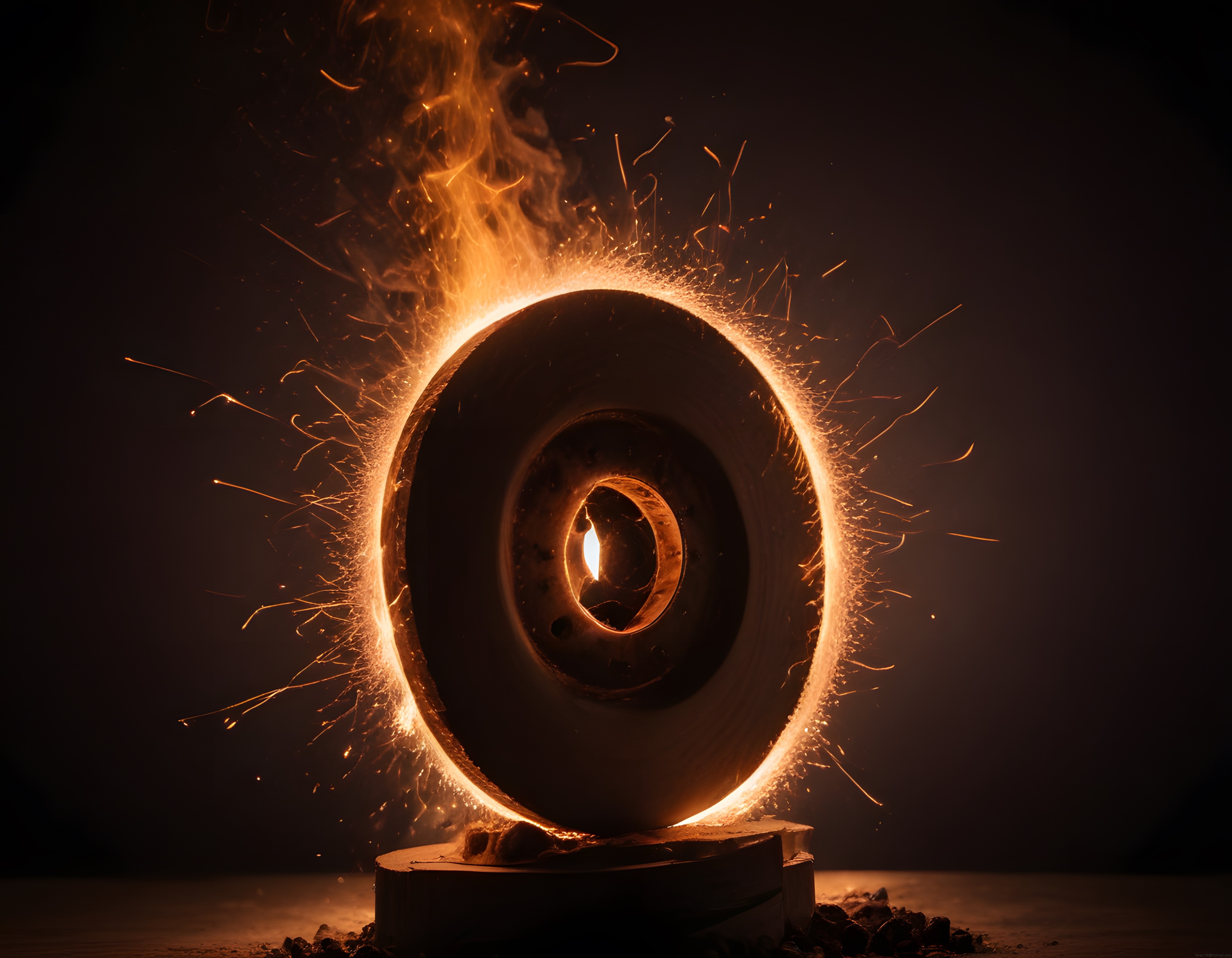Karanlıkta Alev ve Kıvılcımlarla Çevrili Gizemli Metal Spiral Sanat Eseri