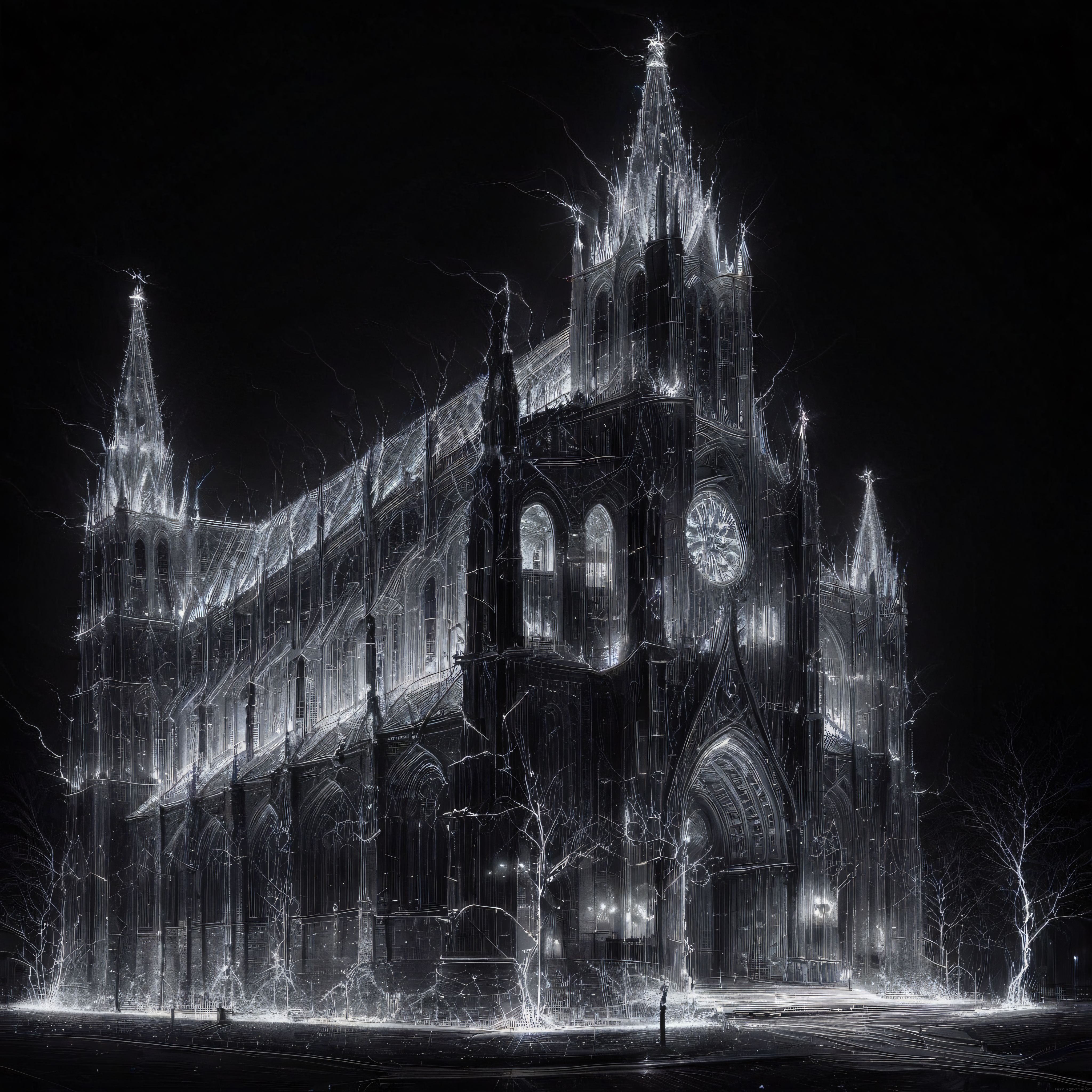 Karanlıkta Işık Çizgileriyle Beliren Gotik Katedral ve Büyüleyici Atmosfer