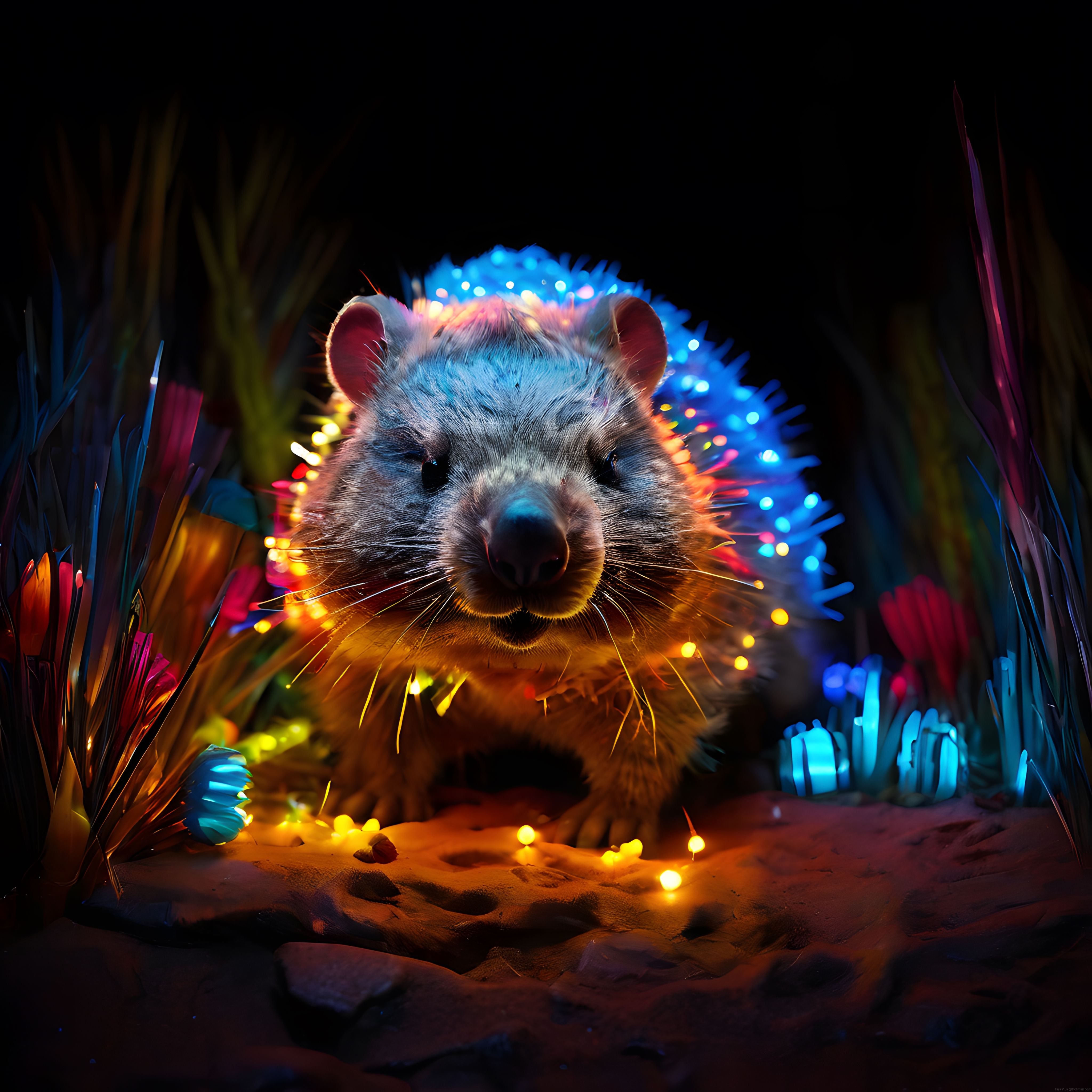 Karanlıkta neon ışıklarla parlayan, çevresi renkli bitkilerle sarılı bir wombat