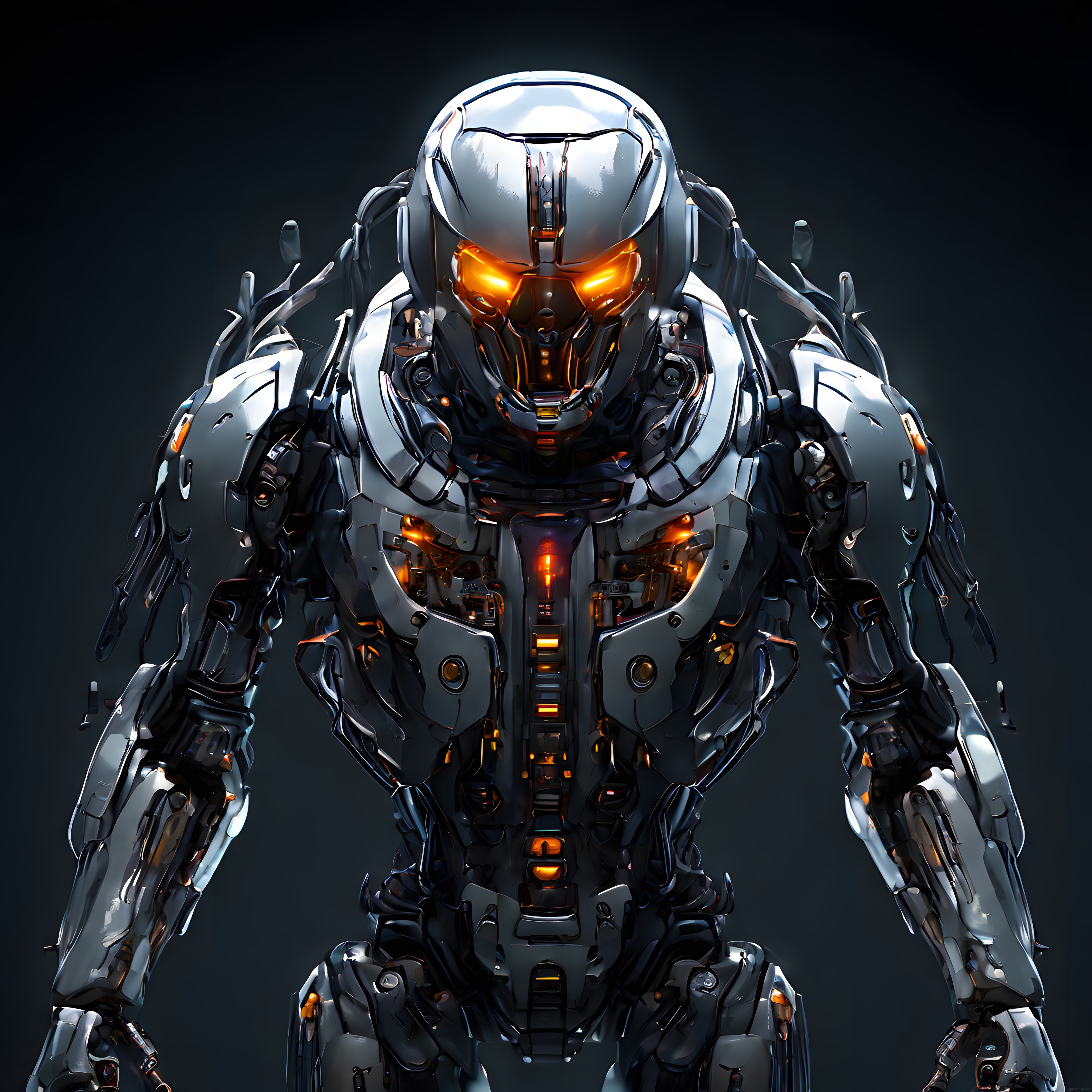 Karanlıkta Parlayan Turuncu Gözleriyle Geleceğin Metal Zırhlı Savaşçı Robotu