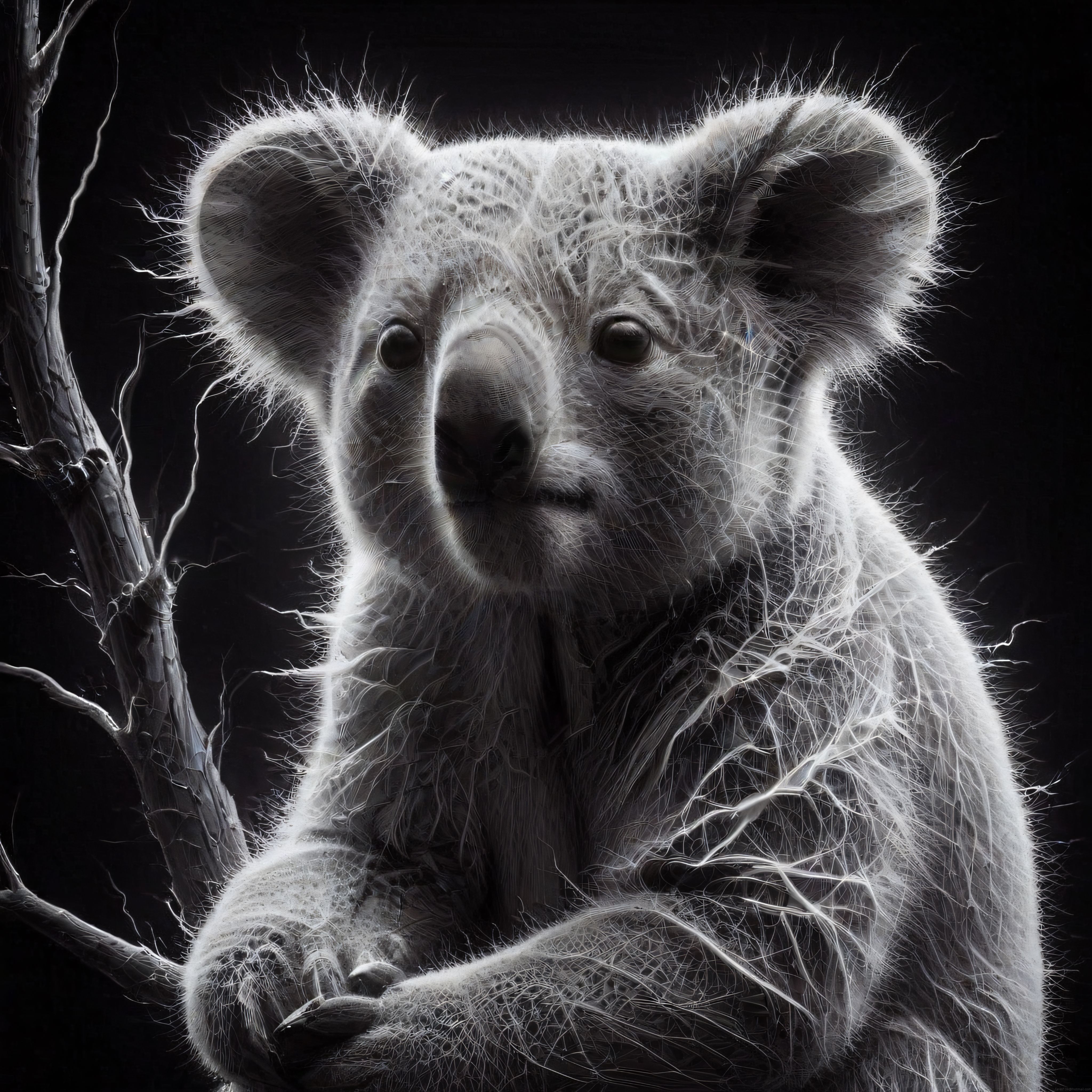Karartma arka planda parlayan hatlarla tasarlanmış dijital koala portresi