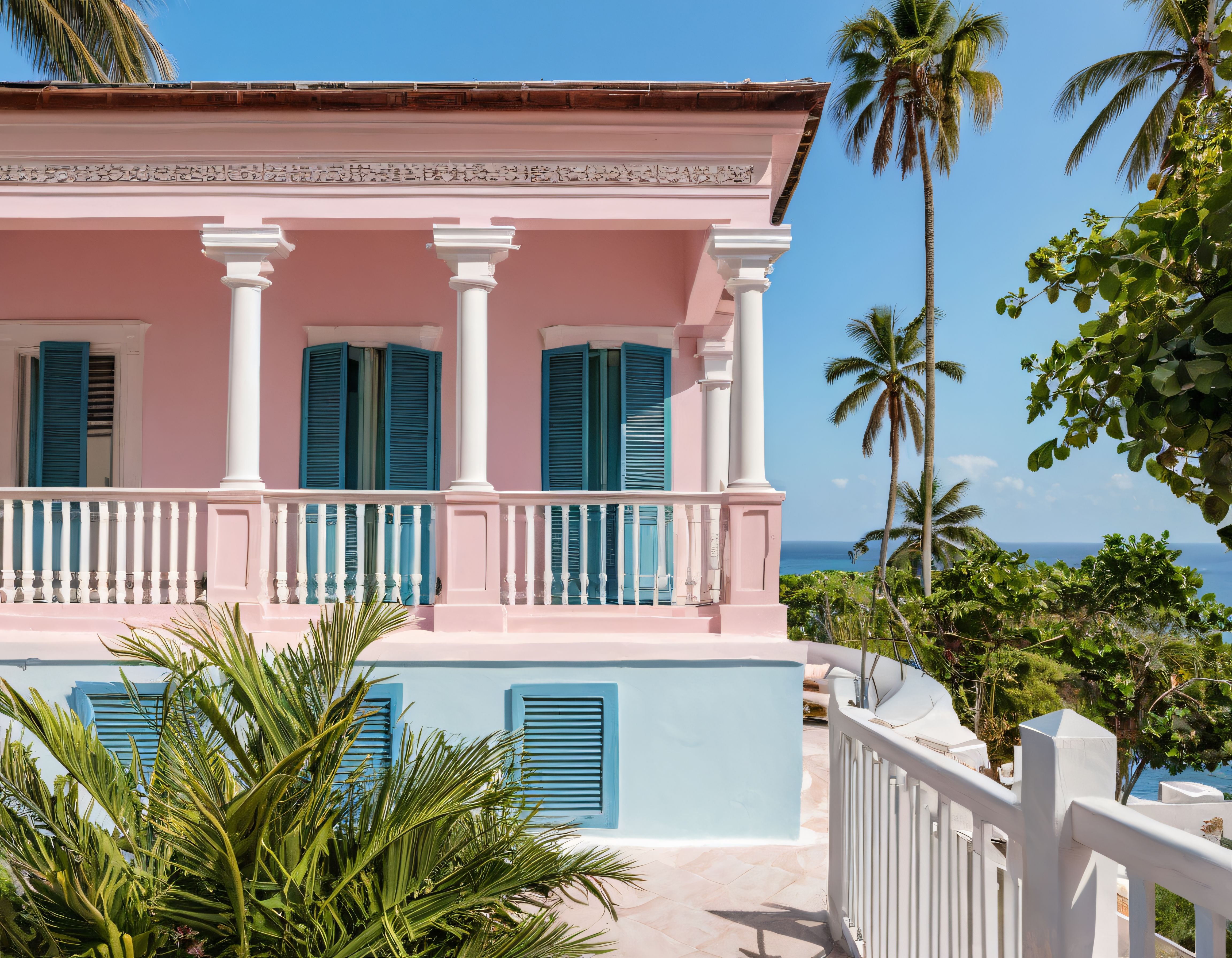 Karayip Stilinde Deniz Kenarında Tropik Pembe Villa ve Palmiye Ağaçları