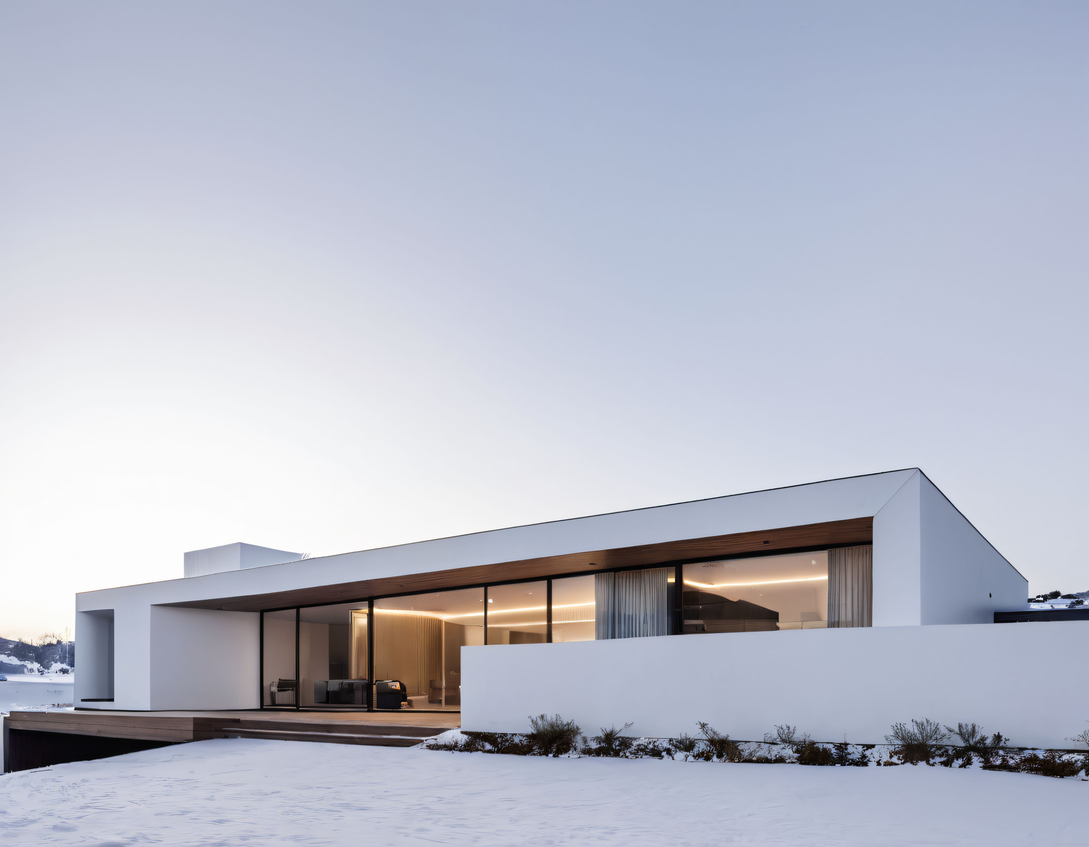 Karda beyaz sıva kaplı modern tek katlı villa
