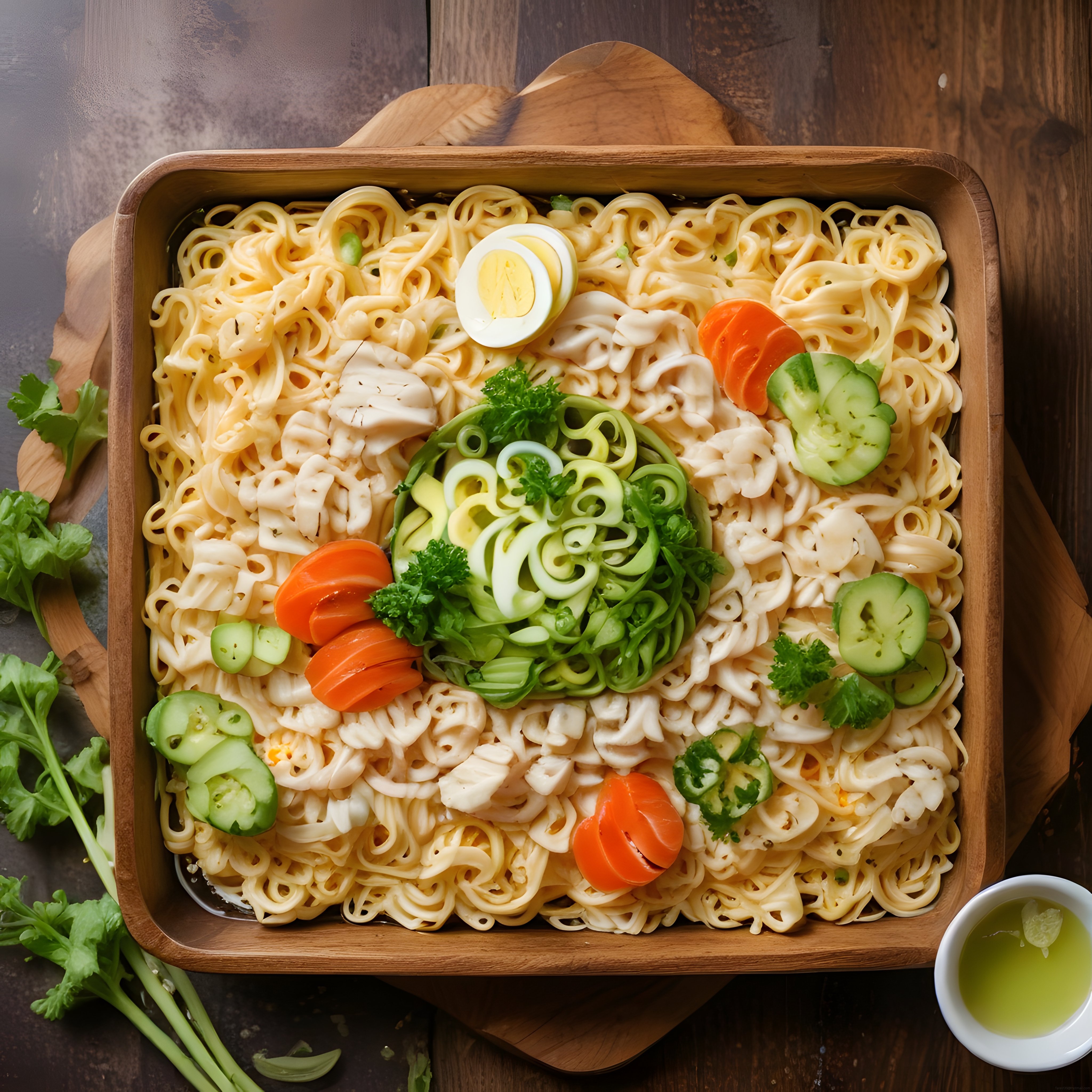 Kare Ahşap Kapta Taze Sebzeler ve Yumurta ile Süslenmiş Noodle Salatası