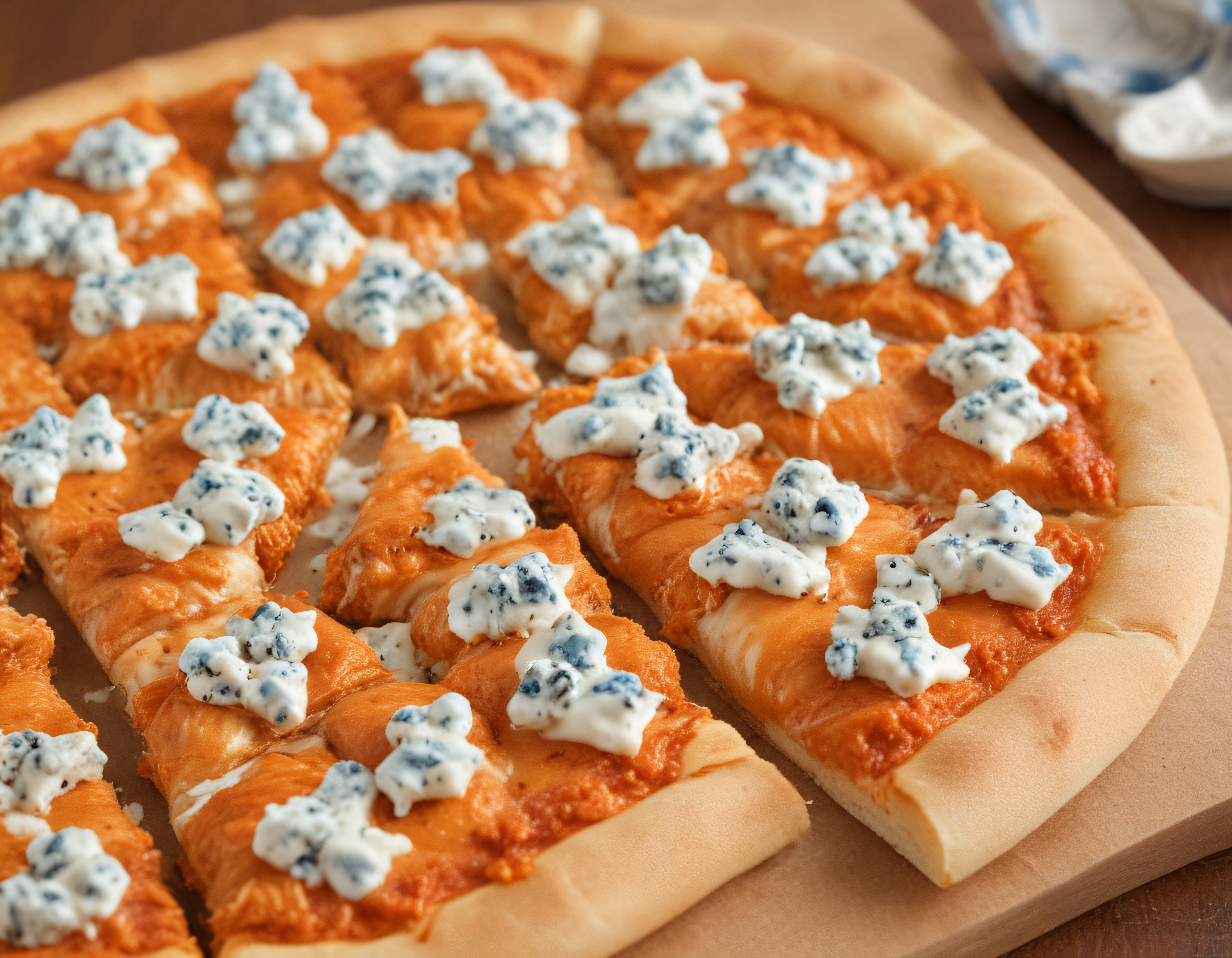 Kare Dilimlenmiş Buffalo Chicken Pizza Üzerinde Mavi Peynir ve Soslu Tavuk