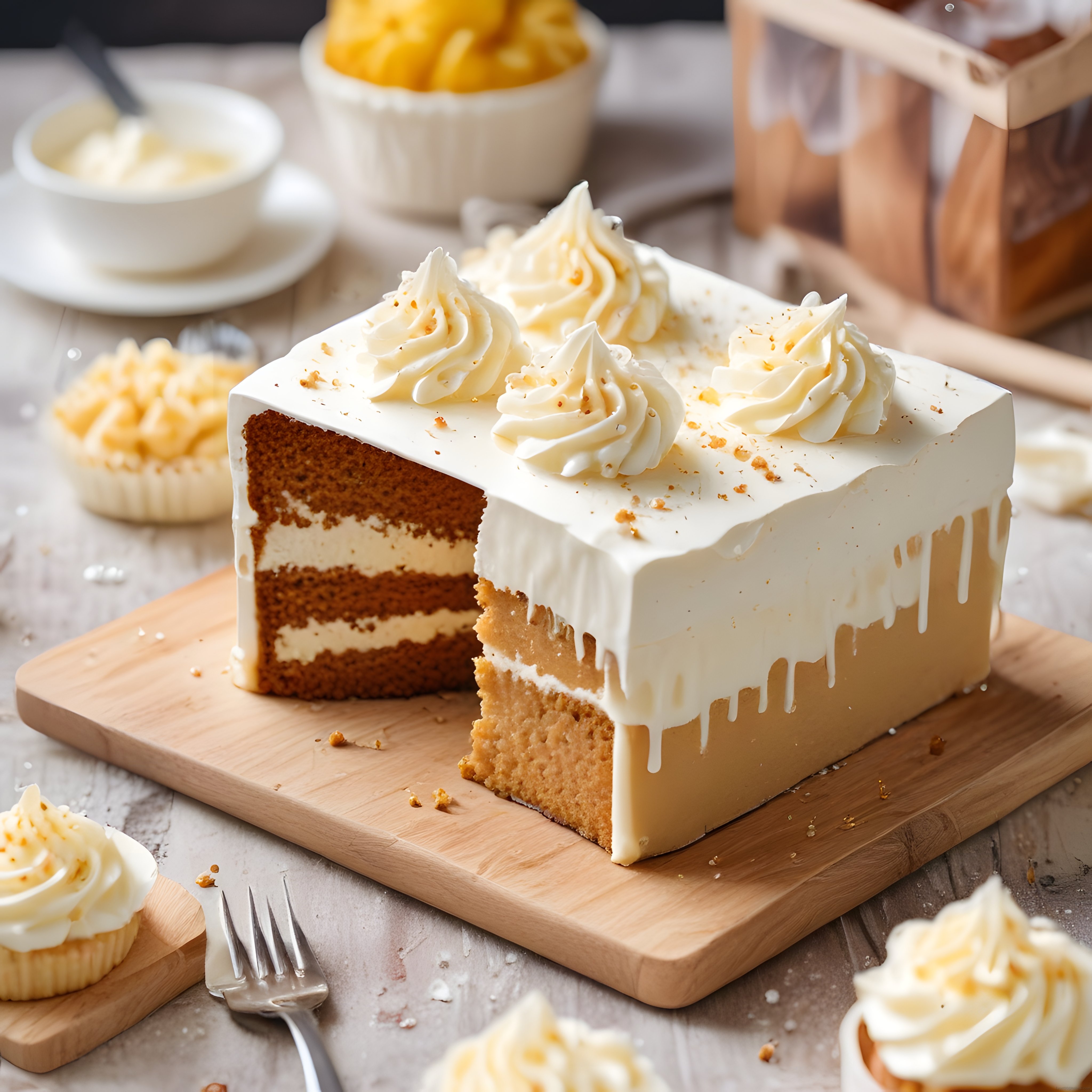 Kare Sızdırmalı Katlı Pasta ve Kremalı Cupcakeler: Sıcak Renklerde Tatlı Sunum
