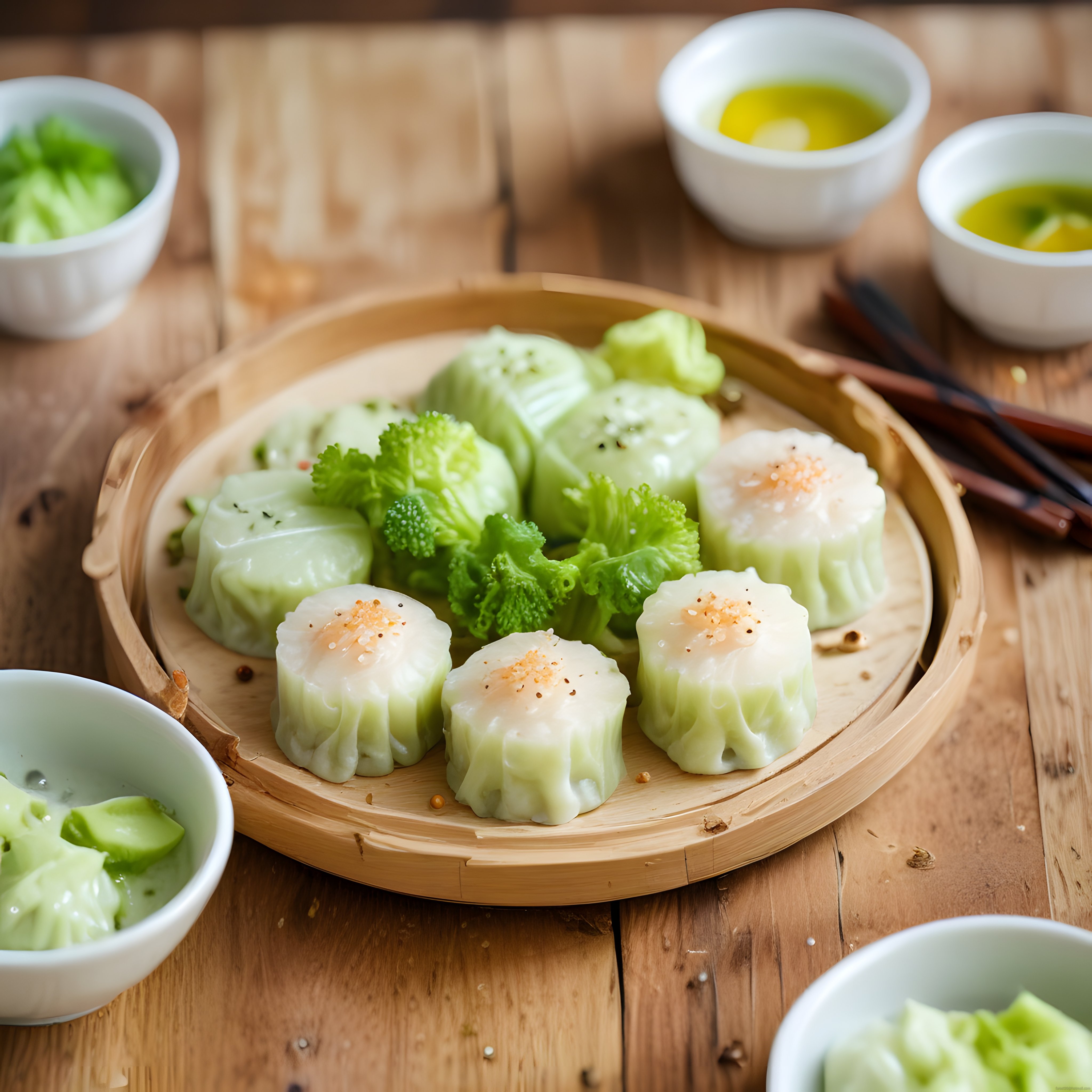 Karidesli Dim Sum ve Yeşil Soslarla Bambu Buharda Asya Sunumu