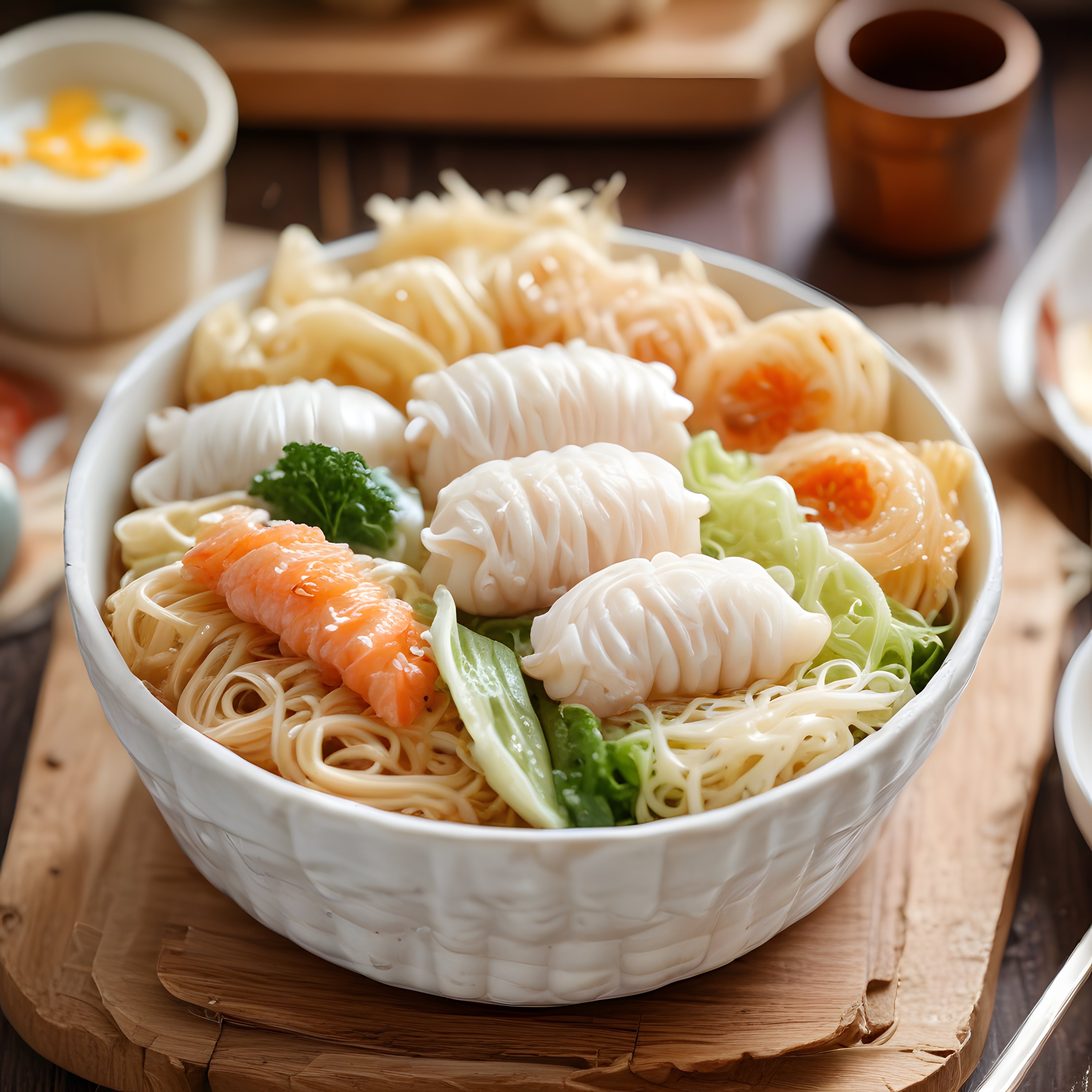 Karidesli har gow ve sebzelerle hazırlanan geleneksel Çin dim sum kasesi
