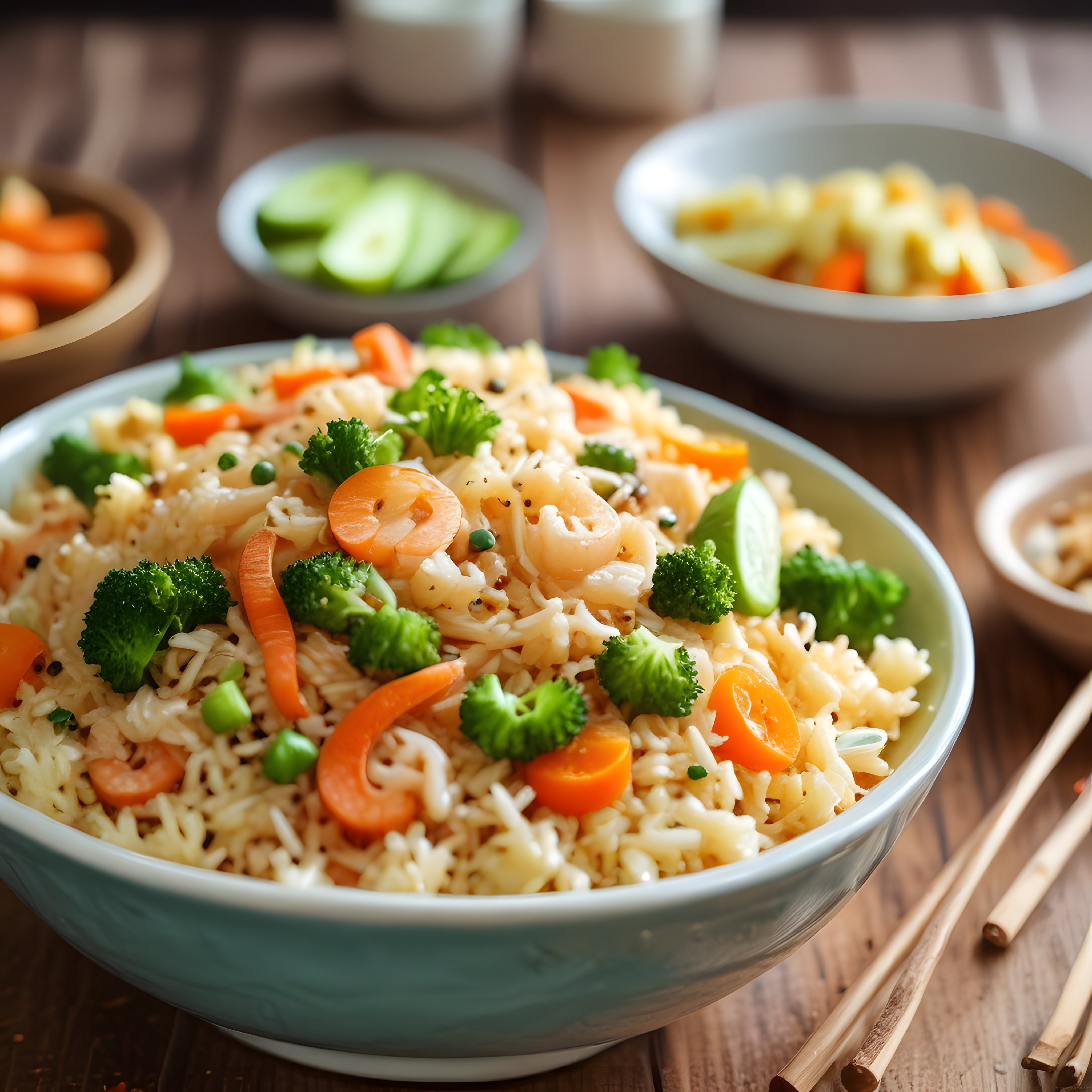 Karidesli Sebzeli Noodle Kasesi: Ahşapta Renkli Asya Mutfağı Sunumu
