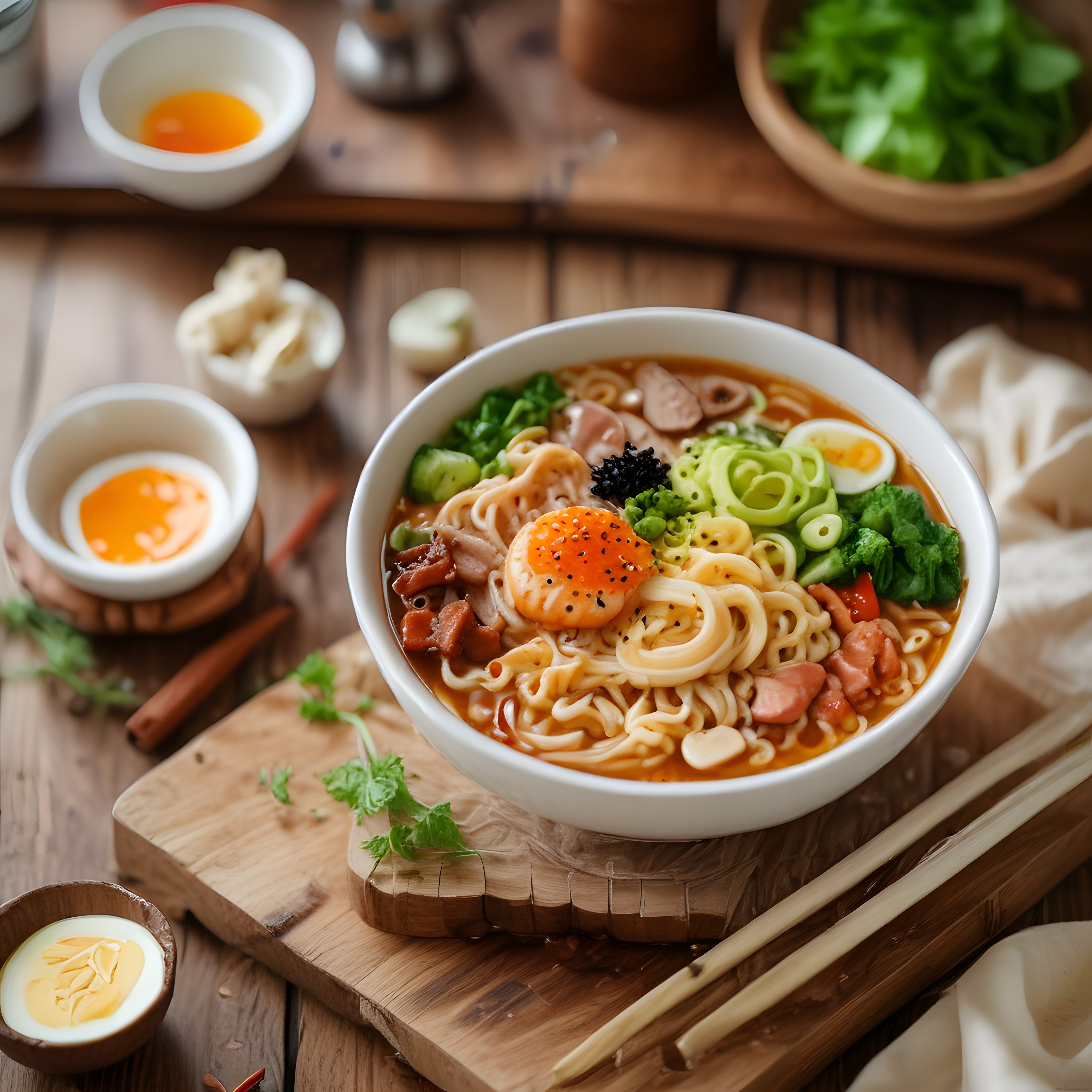 Karidesli ve Haşlanmış Yumurtalı Sıcak Ramen: Rustik Ahşap Masa Sunumu