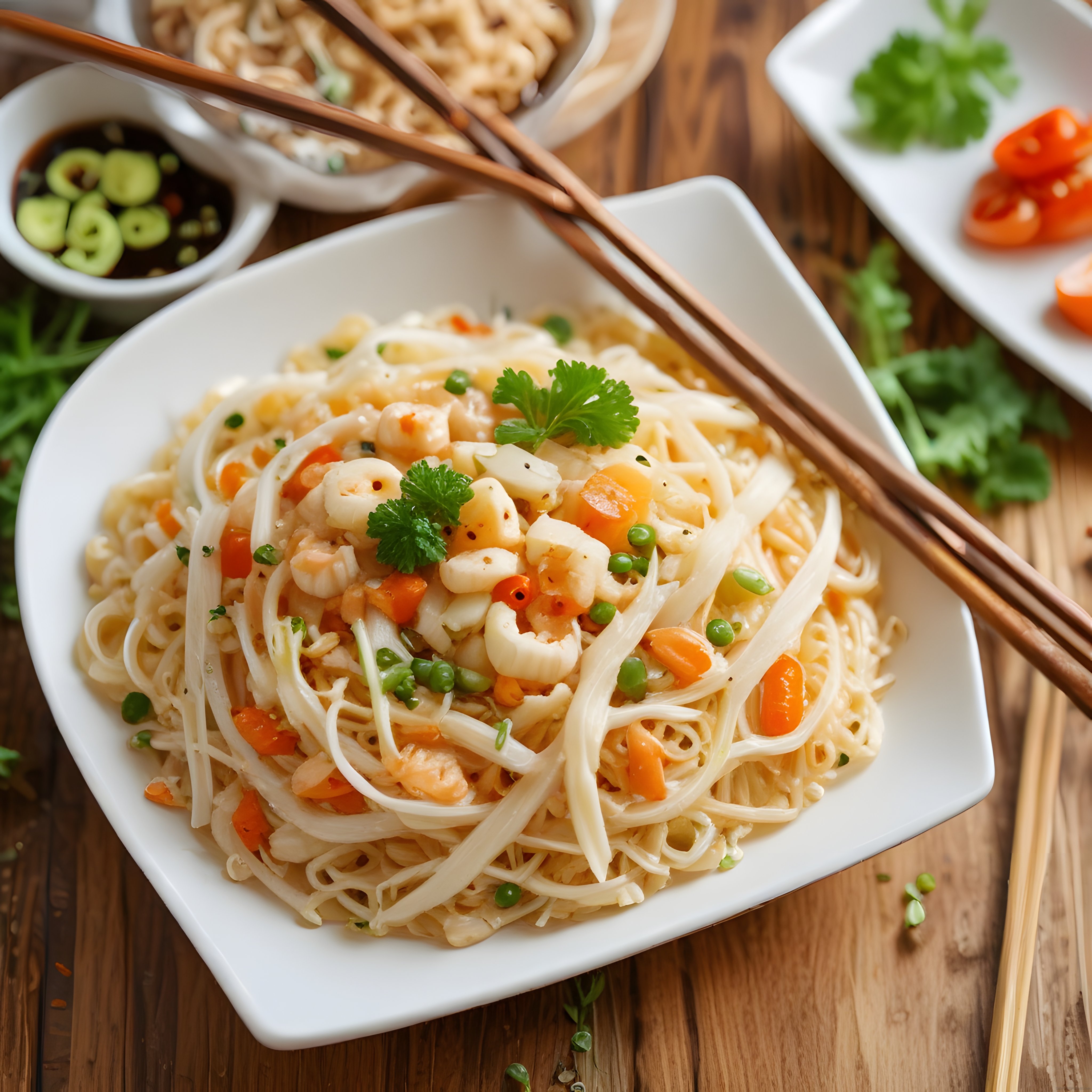 Karidesli ve Kalamarlı Asya Noodle Tabağı: Taze Sebzelerle Renkli Sunum