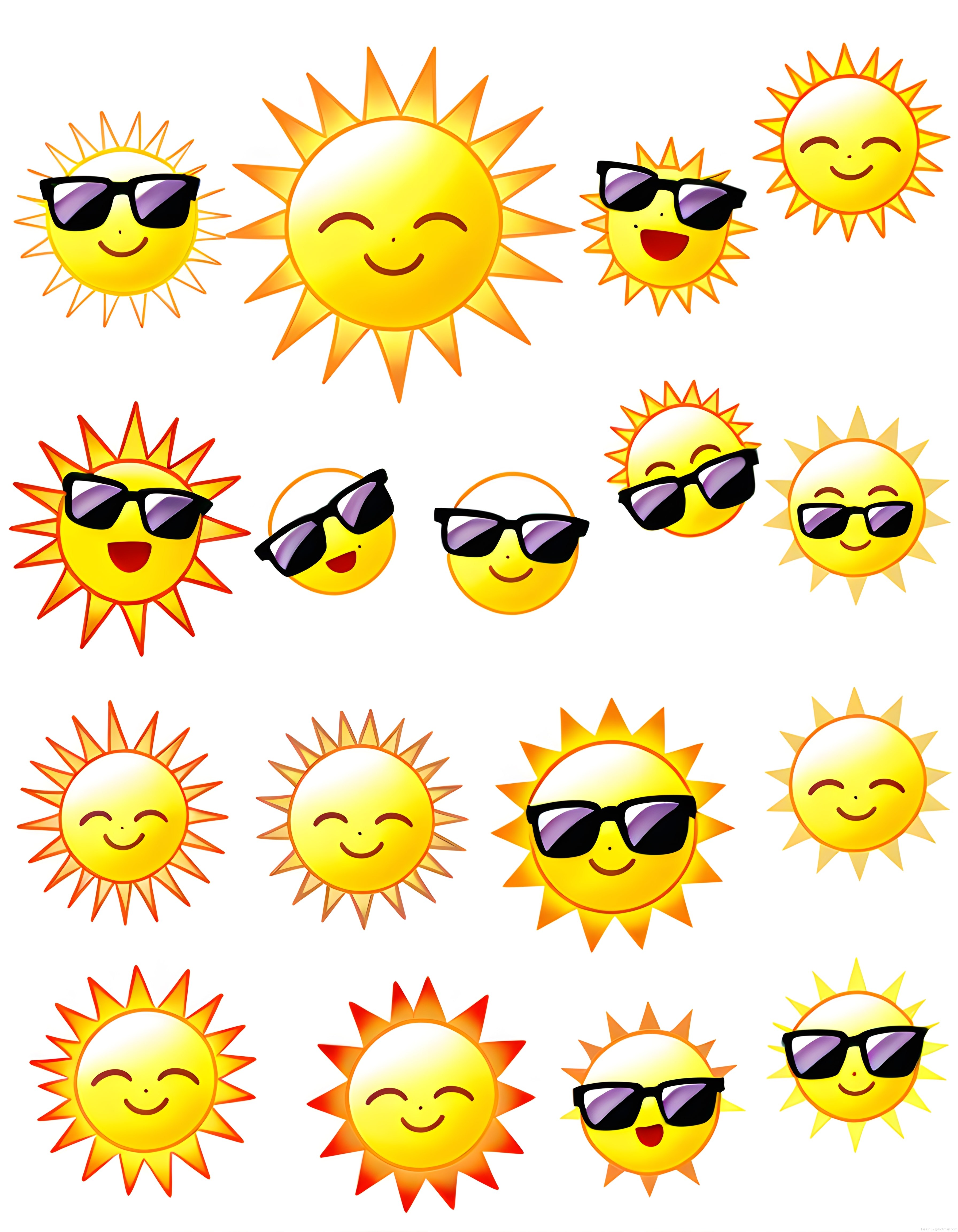 Karikatür güneş yüzleri seti: güneş gözlüklü ve gülümseyen sevimli emoji